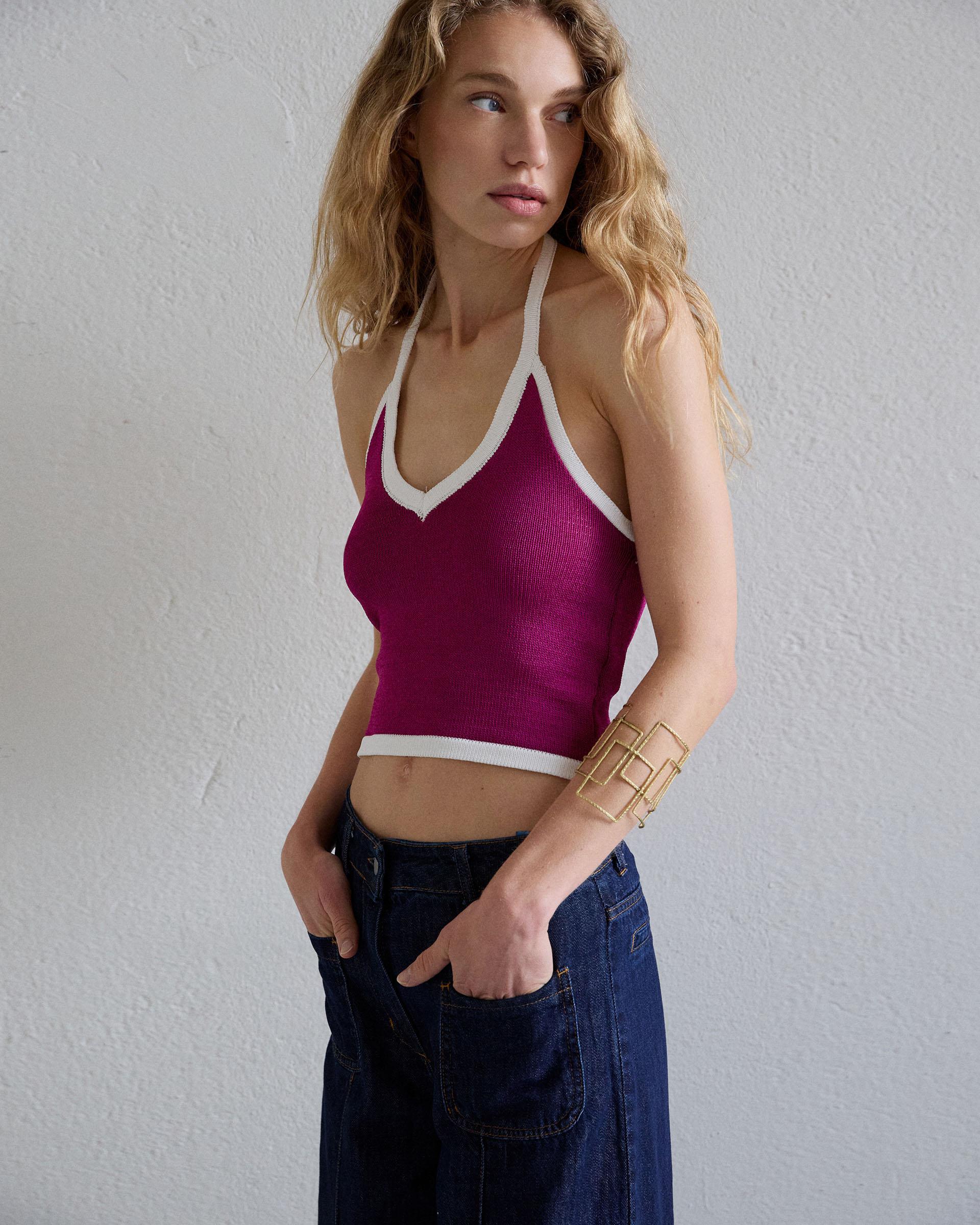 Top Punto Halter Contraste Fucsia