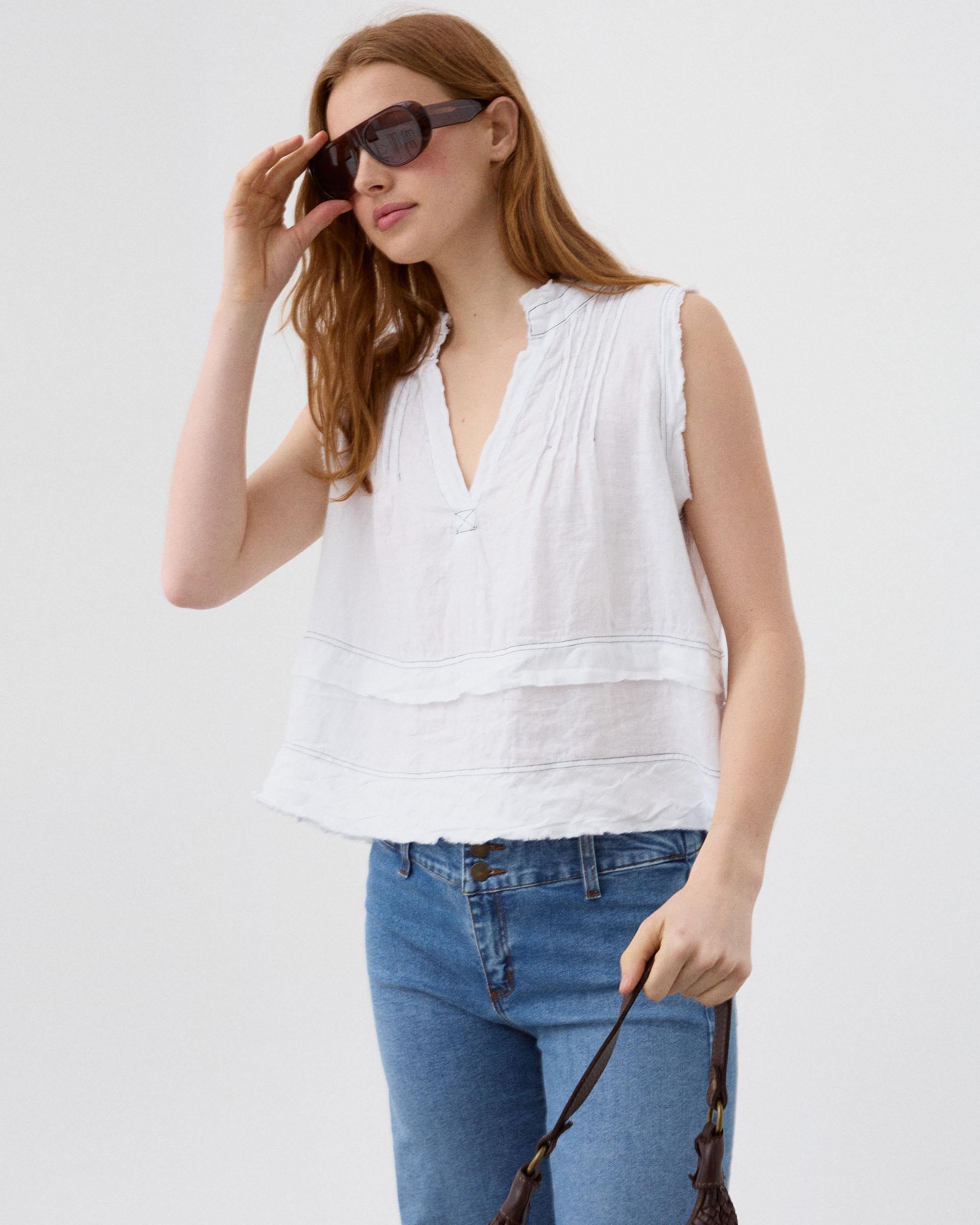 Blusa Lino Costuras Contraste Blanca