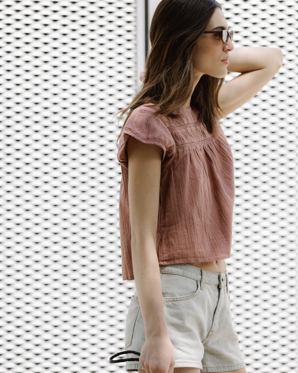 Blusa Manga Corta Puntillas Delantero Rosa Palo