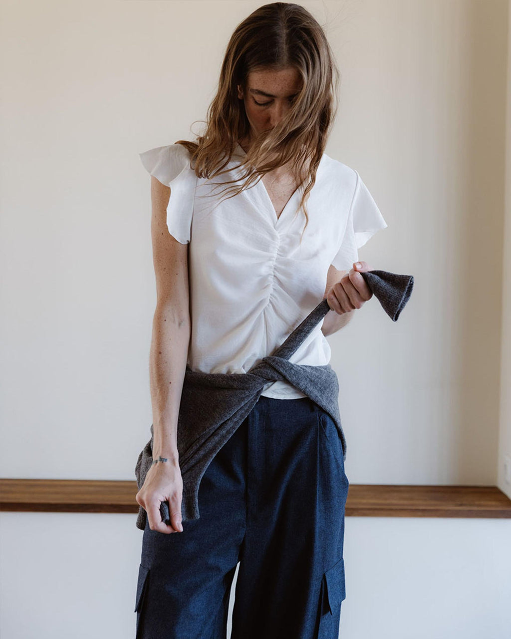Blusa Manga Corta Frunce Blanca