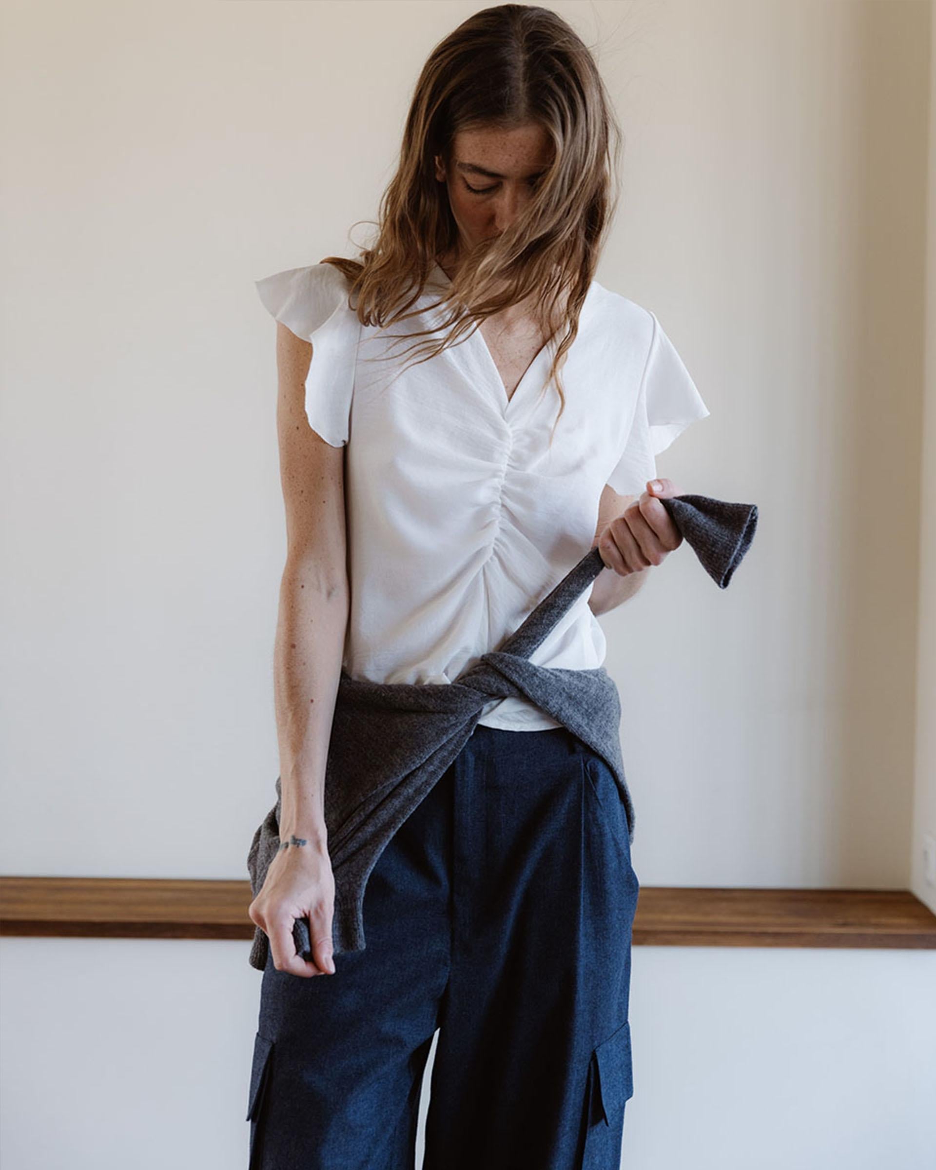 Blusa Manga Corta Frunce Blanca