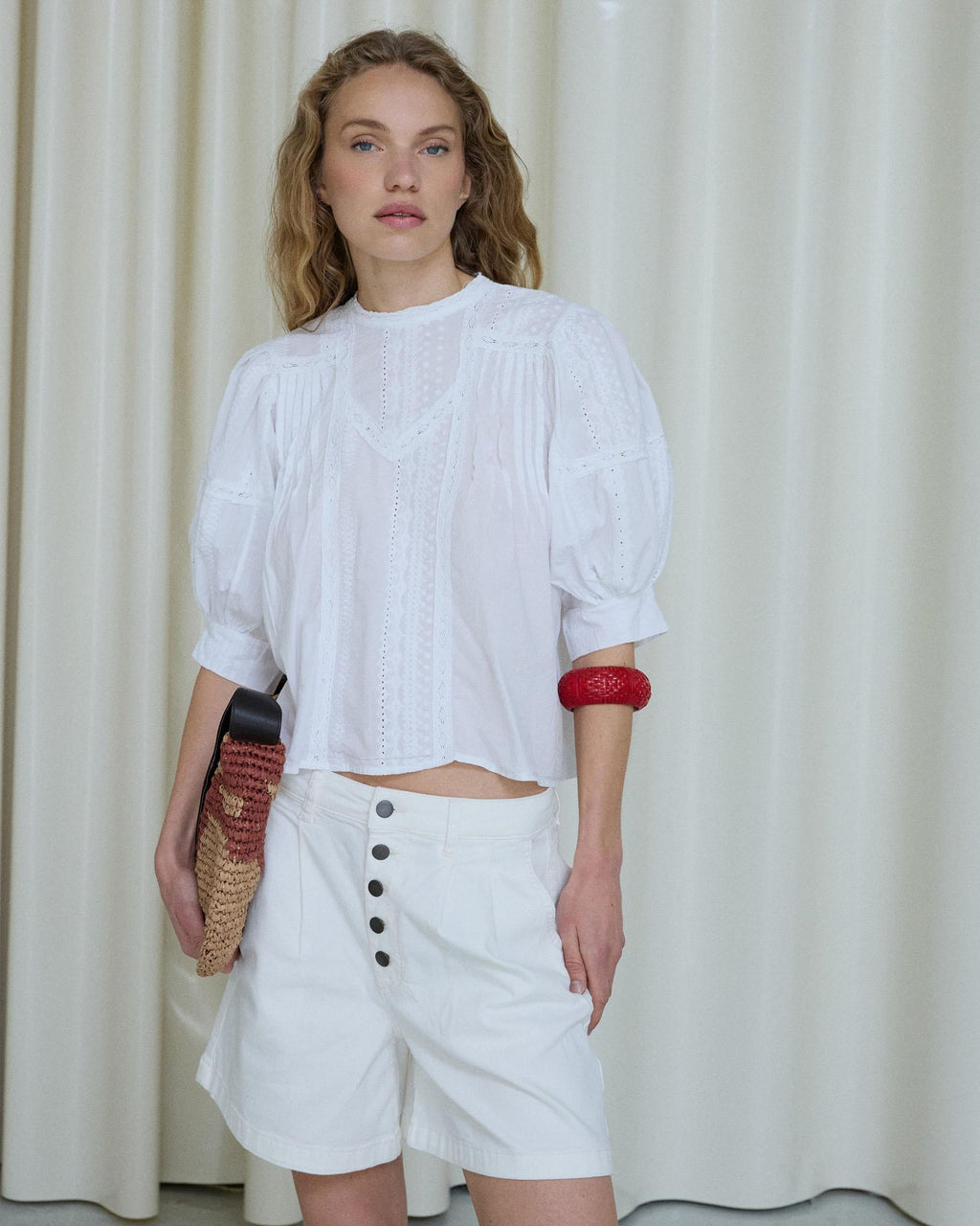 Blusa Manga Francesa Puntillas Jaretas Blanca