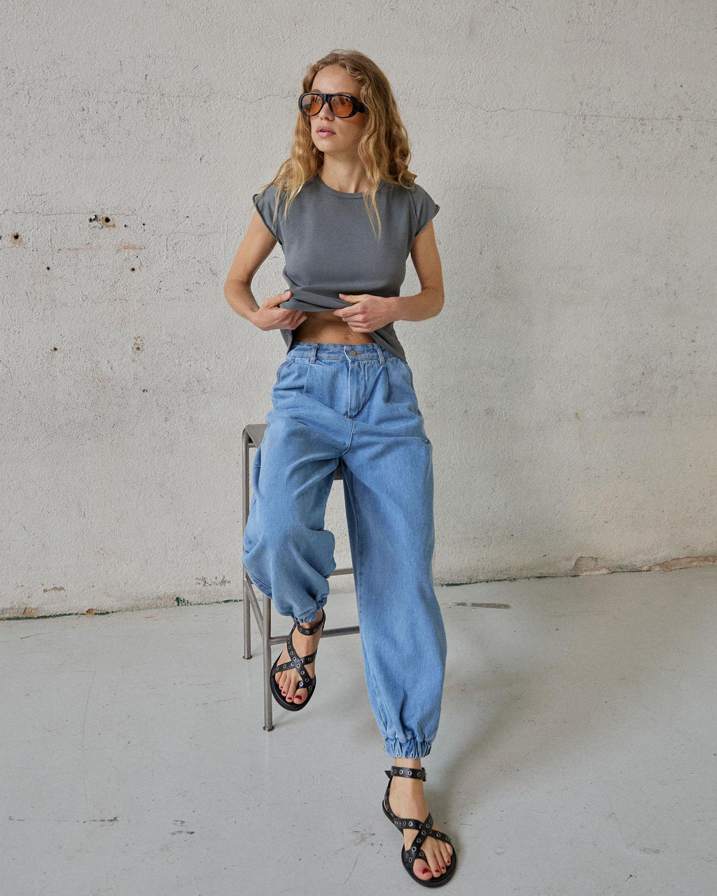 Jeans Bombacho Pinzas Azul