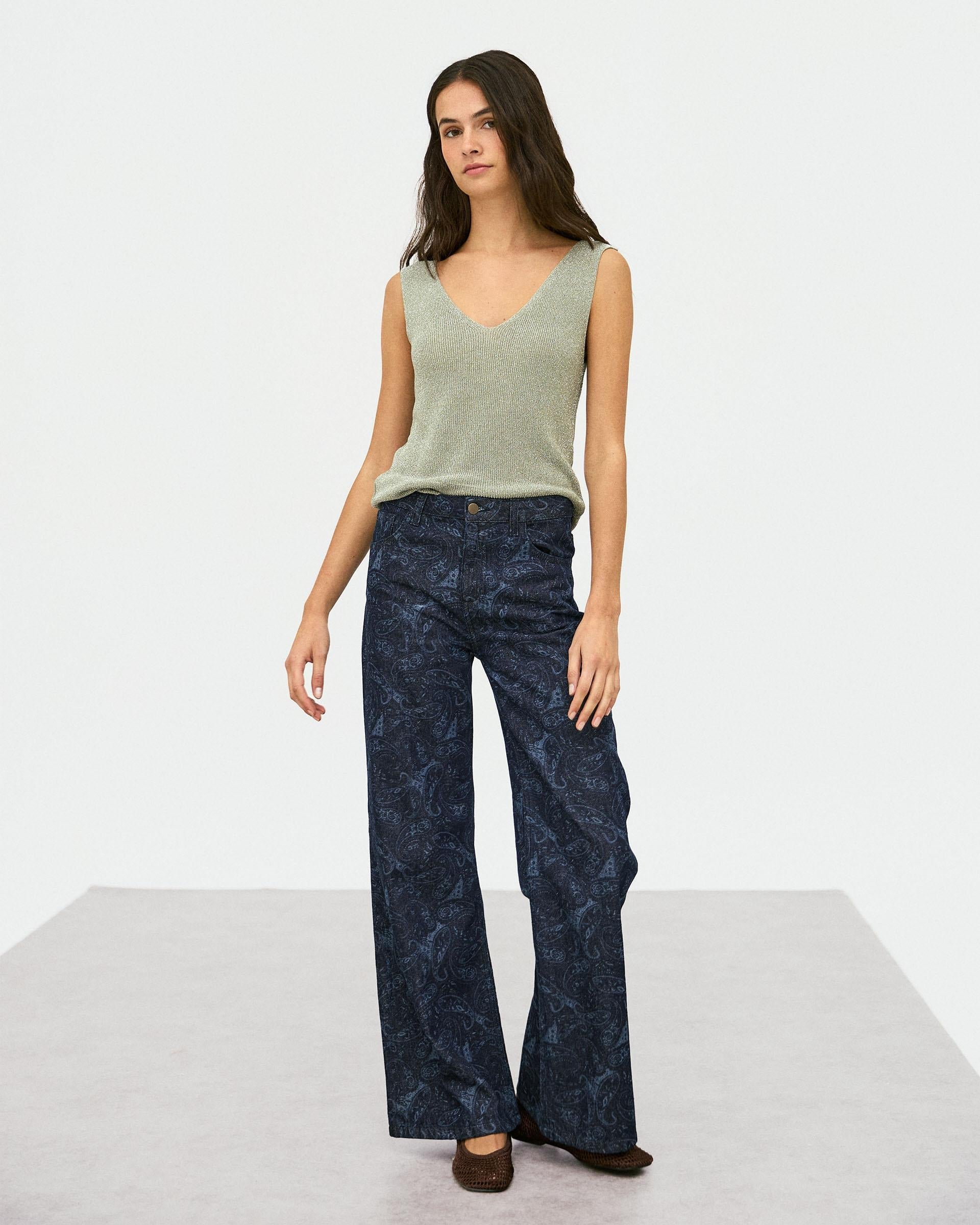 Jeans Wide Leg Estampado Azul Oscuro