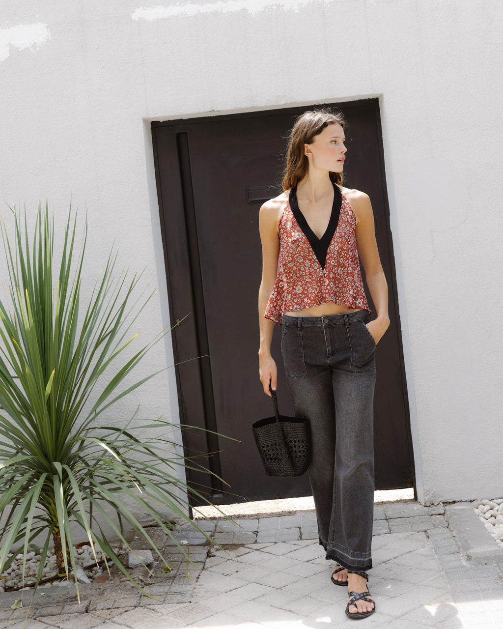 Top Halter Contraste Flores Rojo