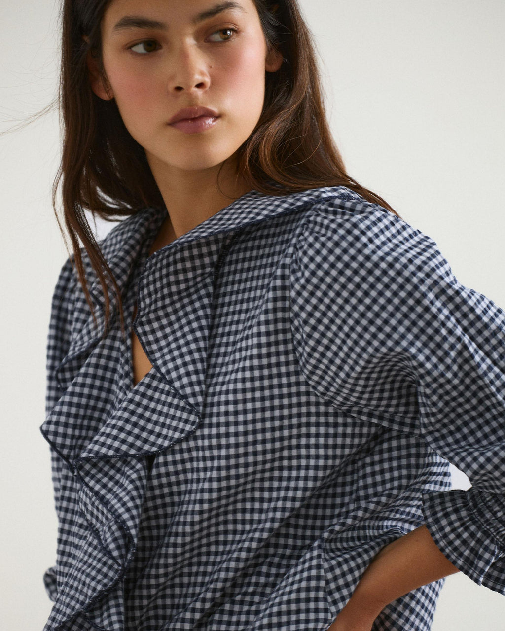 Blusa Volantes Delanteros Vichy Azul Oscuro