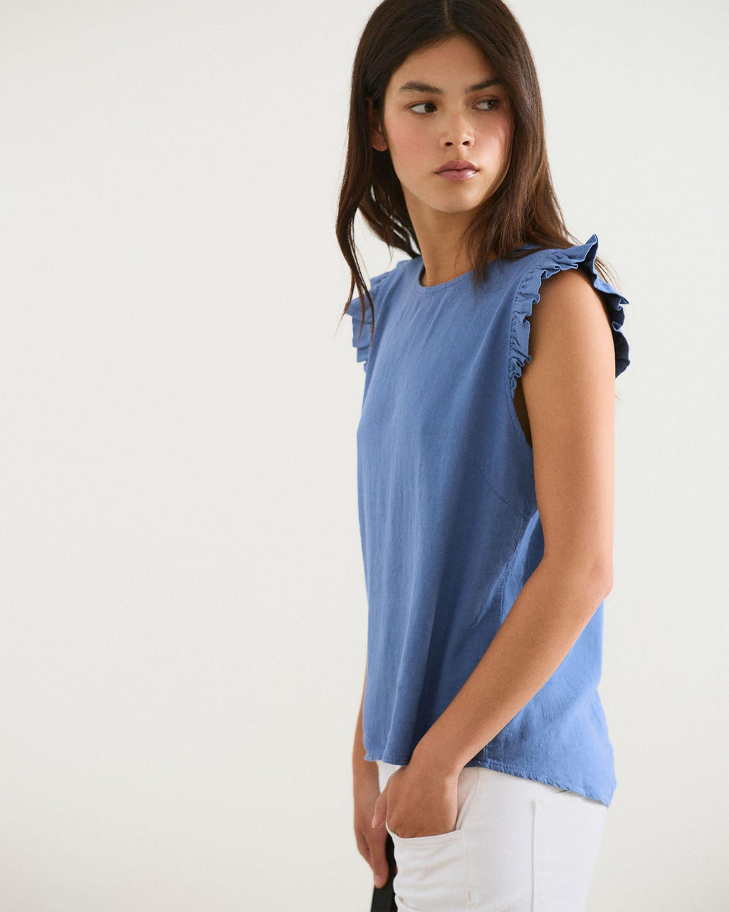 Top Botones Espalda Con Lino Azul