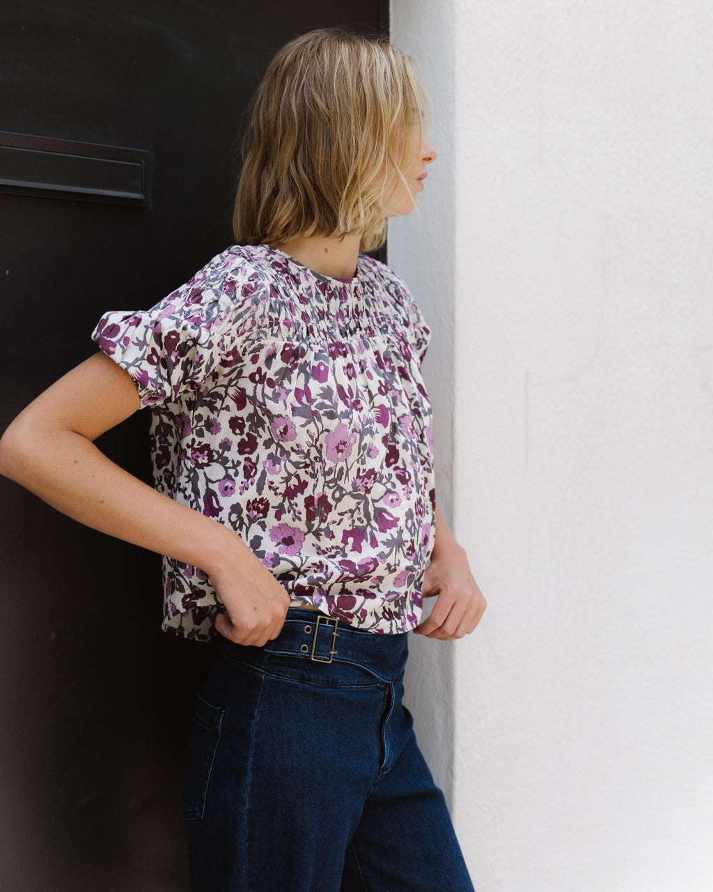 Blusa Detalles Canesú Estampada Morado