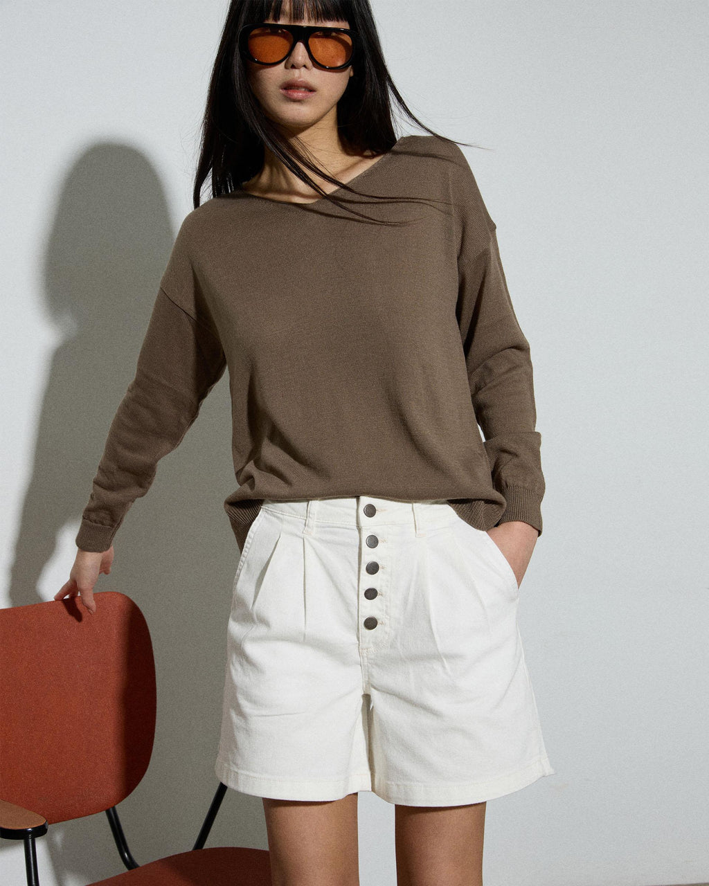 Jersey Cuello Pico Punto Fino Taupe