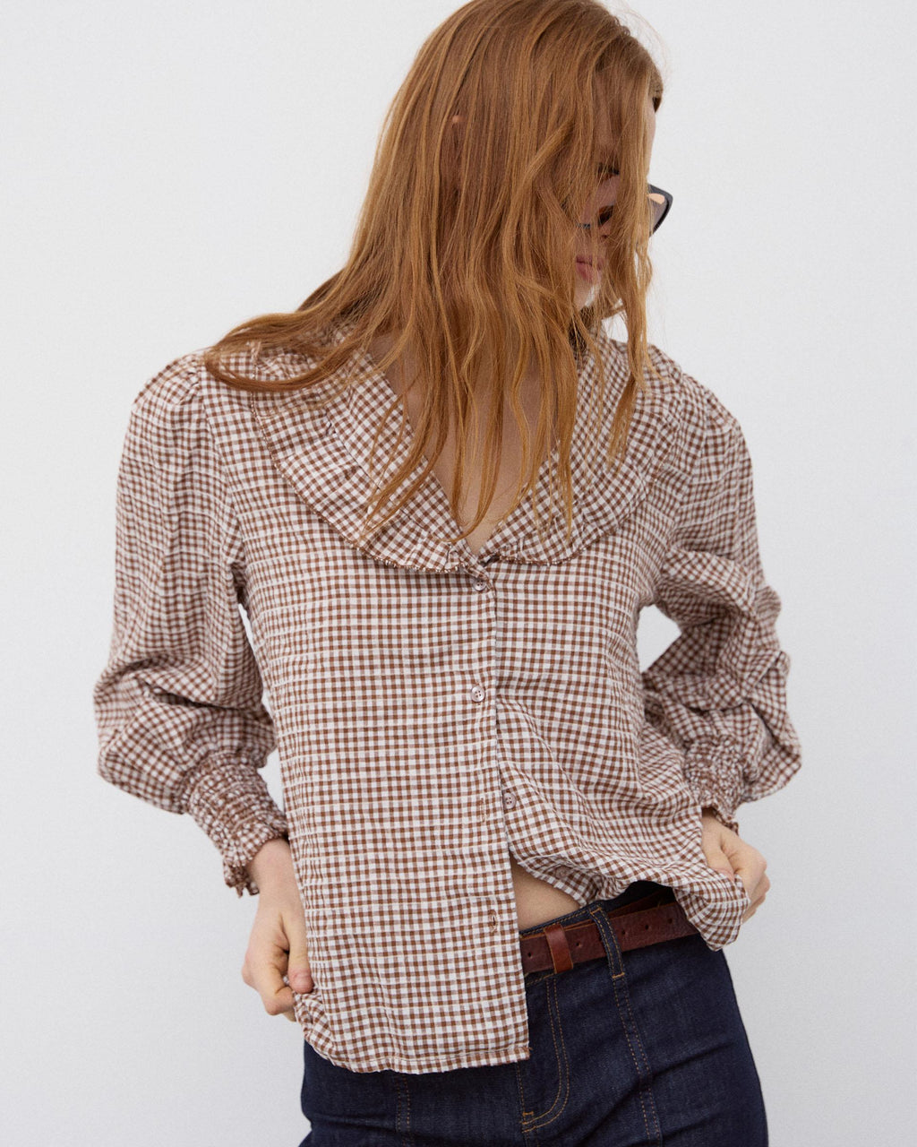 Blusa Volante Cuello Vichy Marrón