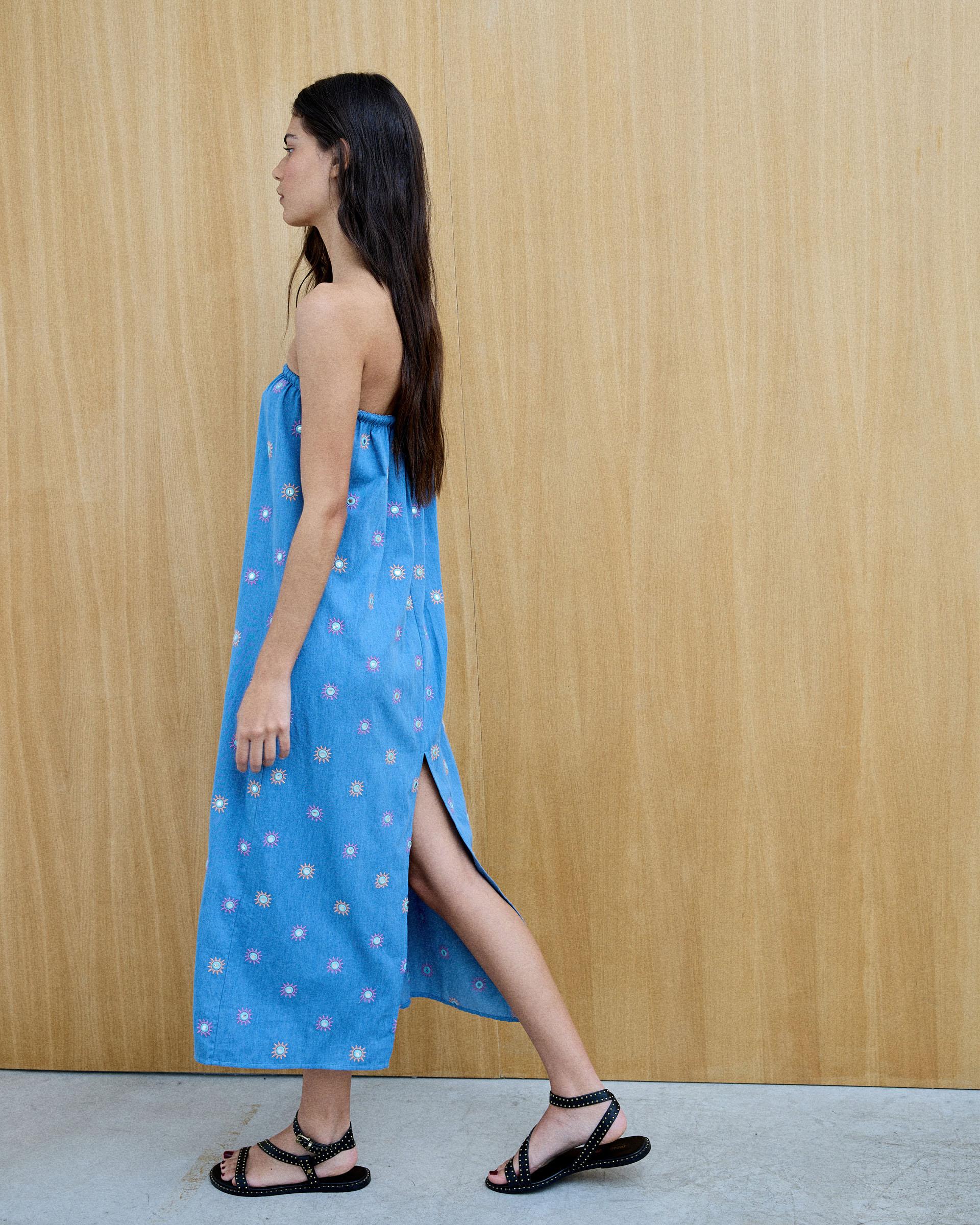 Vestido Bordados Soles Espejos Azul Jeans