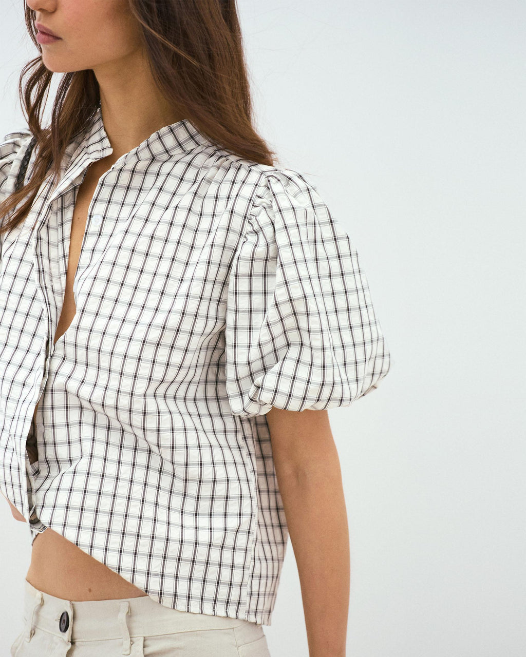 Blusa Manga Abullonada Cuadros Blanca