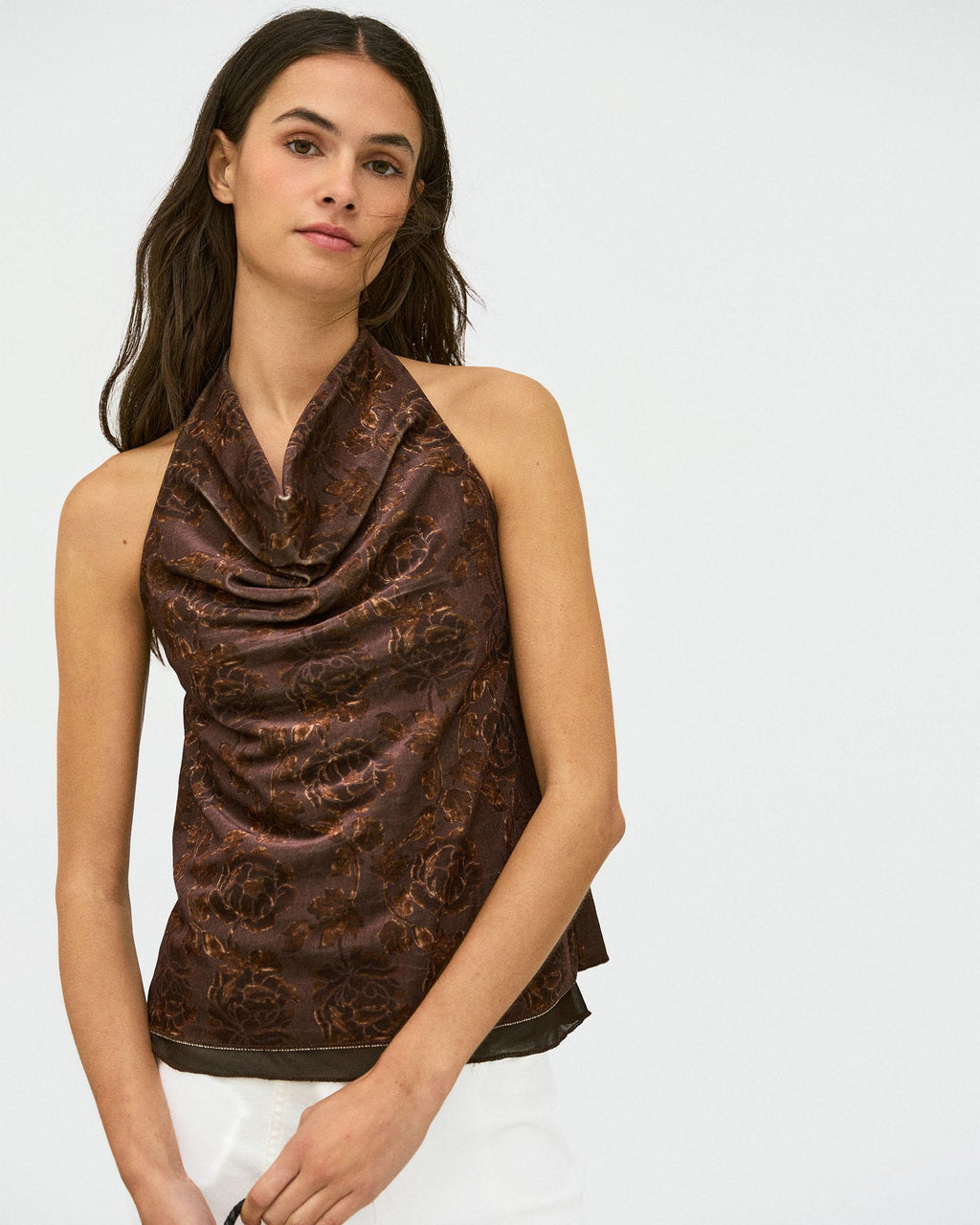 Top Halter Terciopelo Estampado Floral Marrón