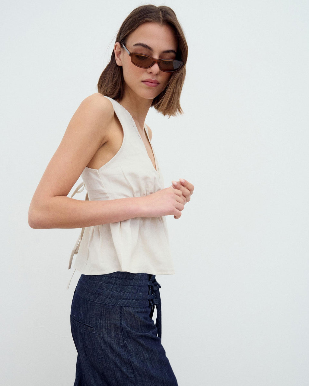 Top Frunce Puntillas Beige