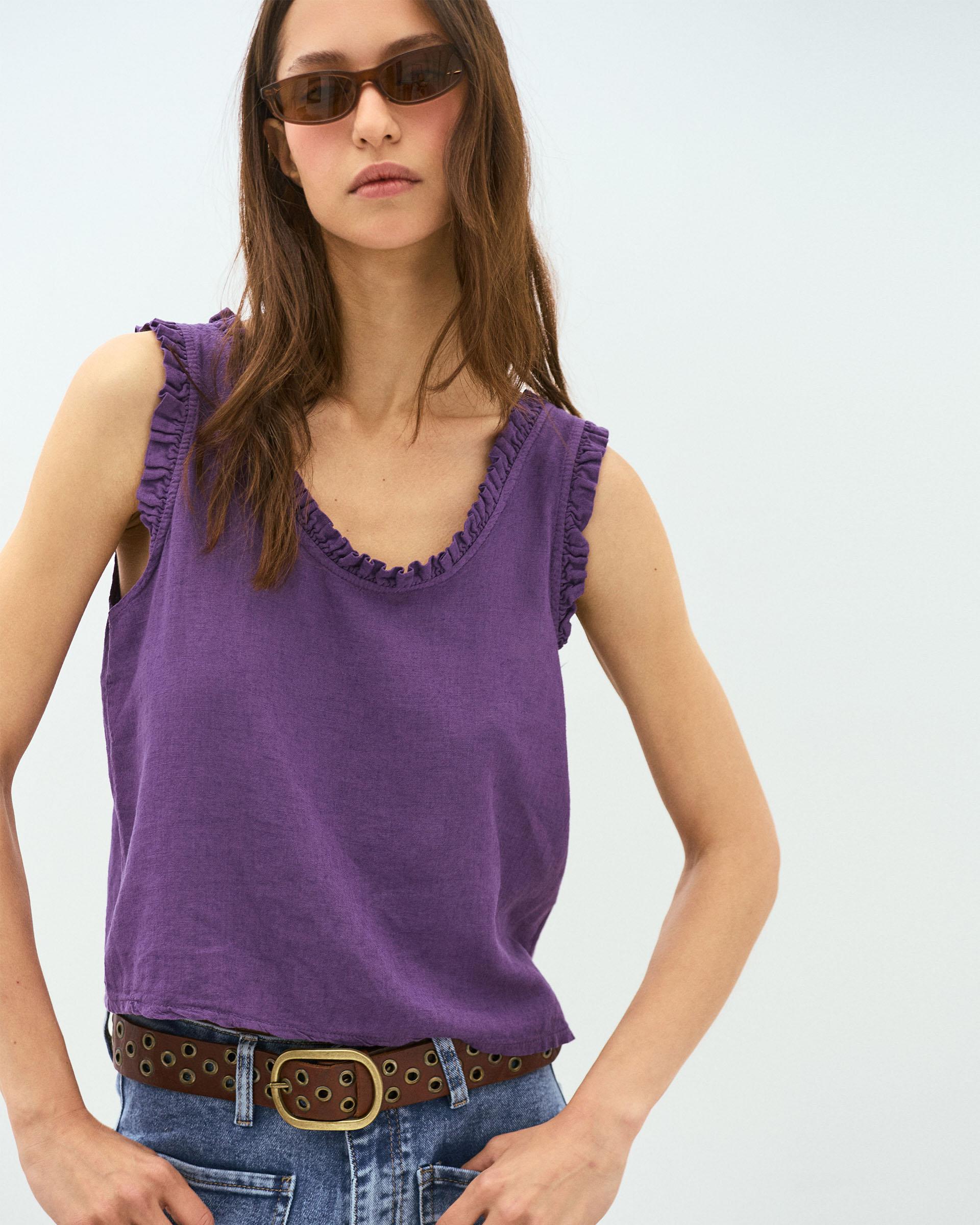 Top Tirante Ancho Volantes Con Lino Morado