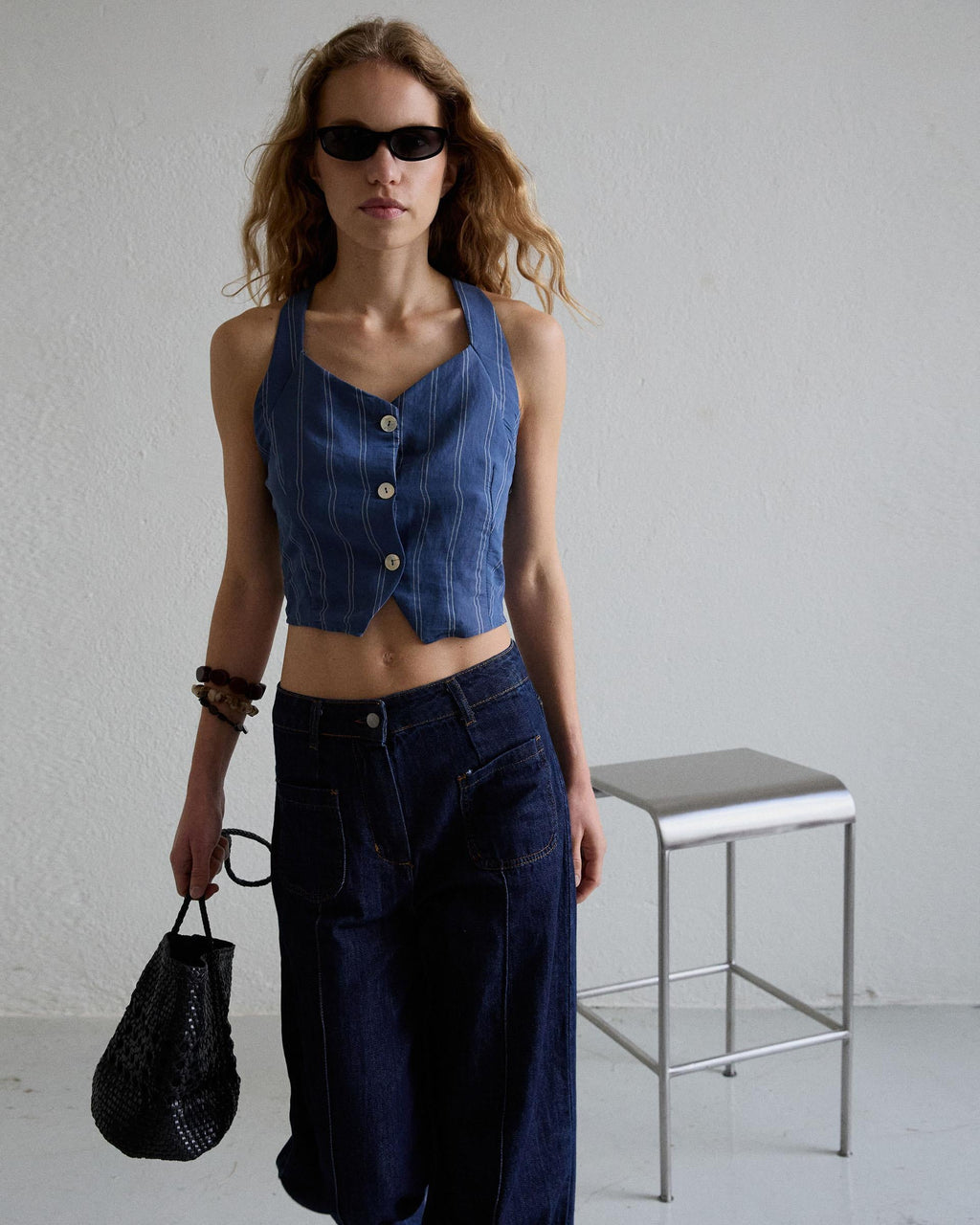 Top Botones Rayas Azul