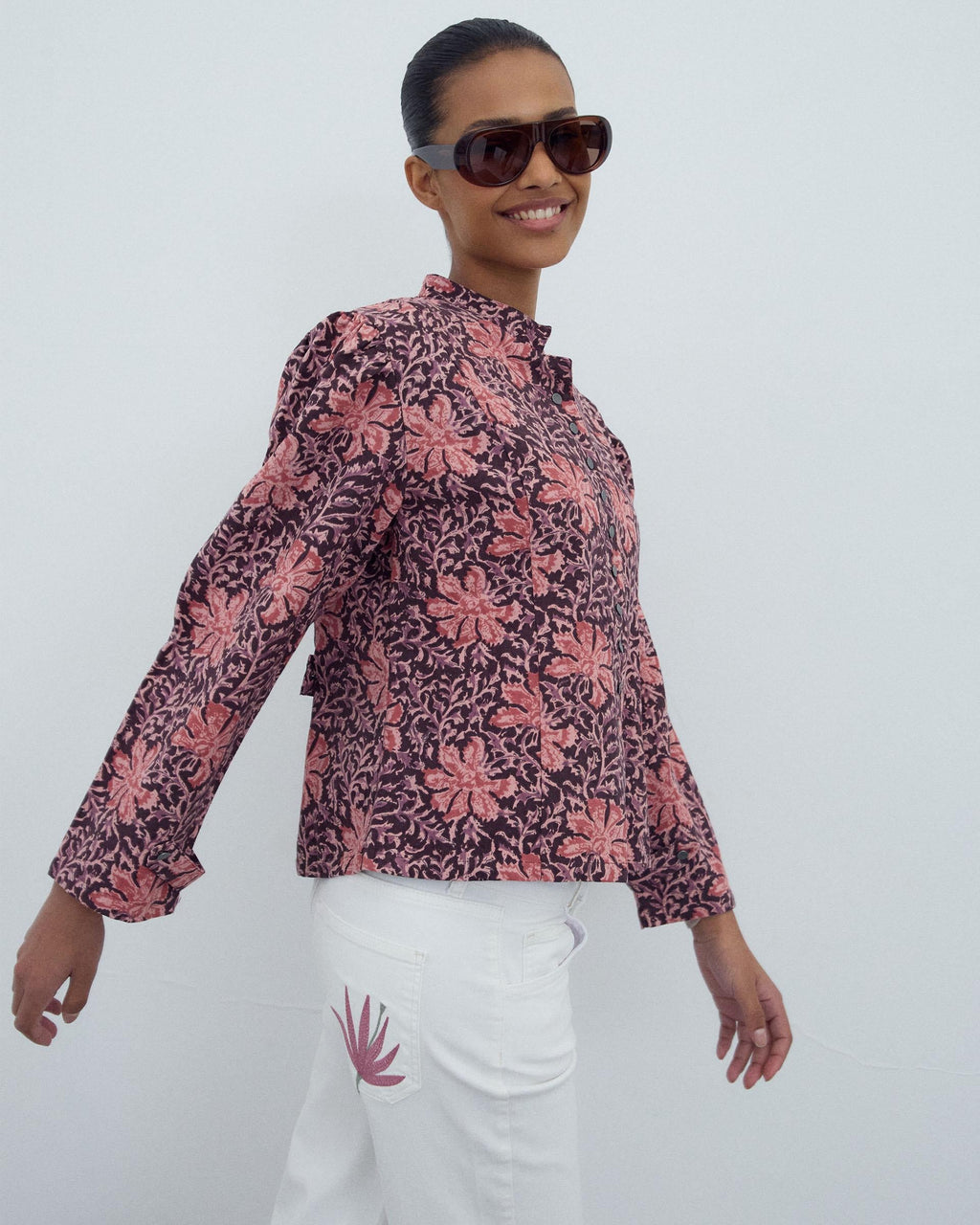 Chaqueta Botones Estampado Floral Rosa