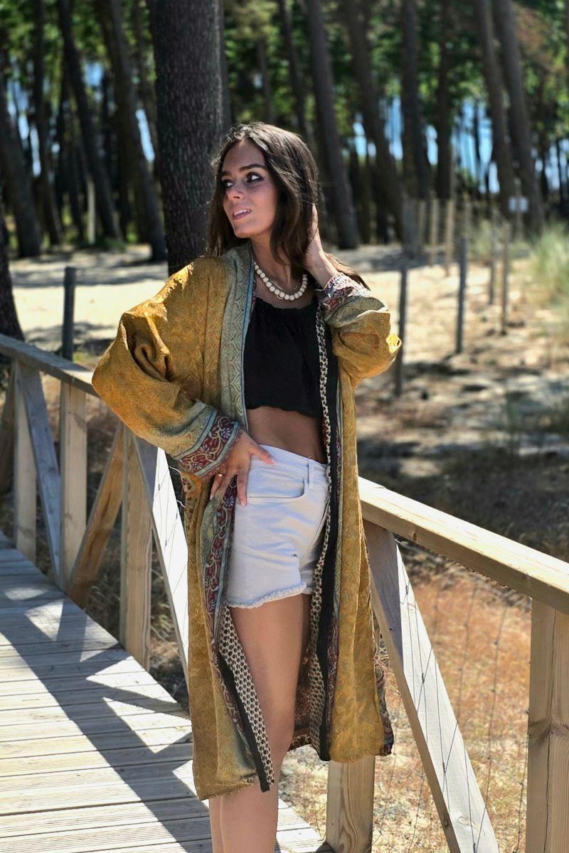Kimono largo reversible indio estampado mostaza