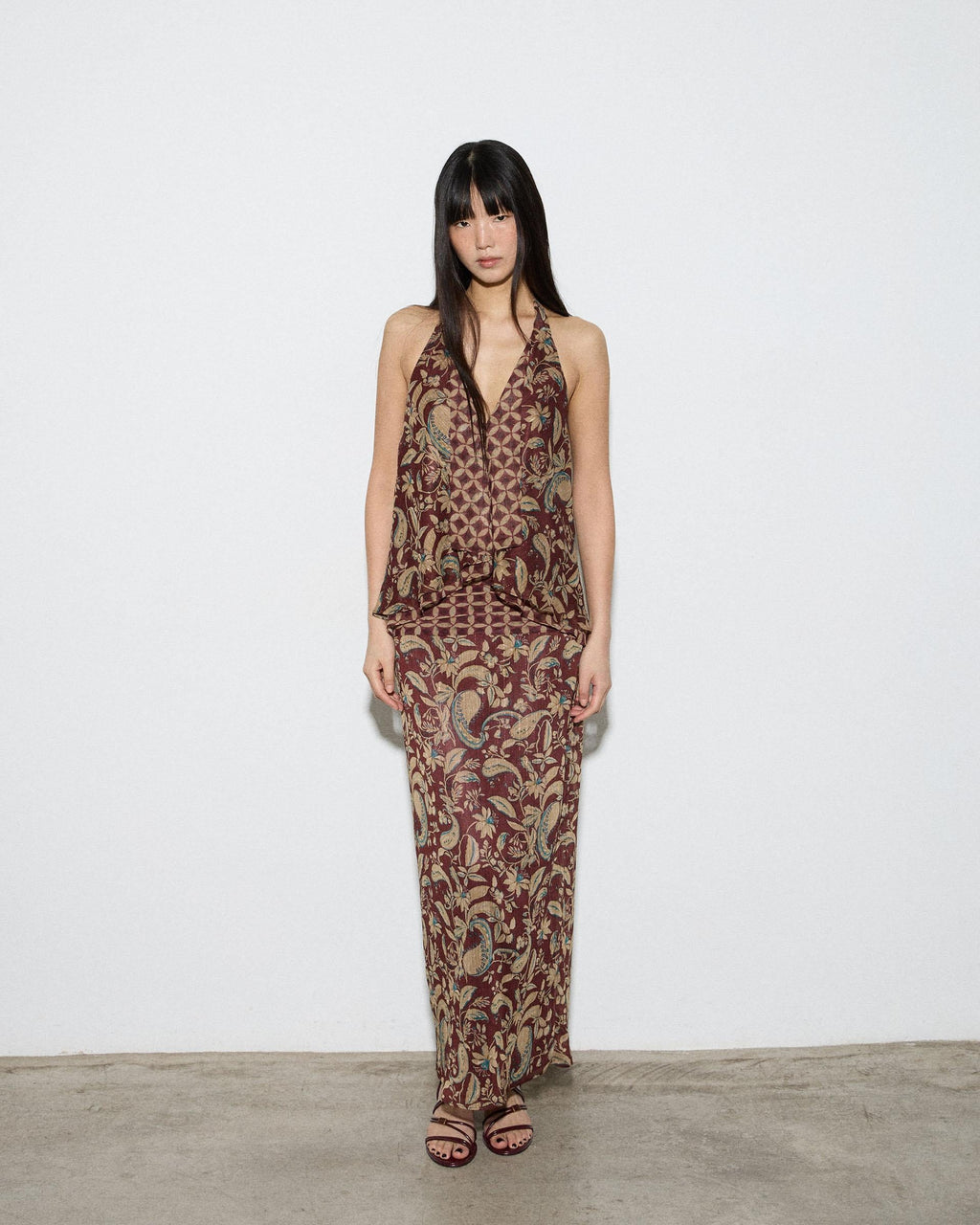 Falda Estampado Floral Y Geometrico Marrón