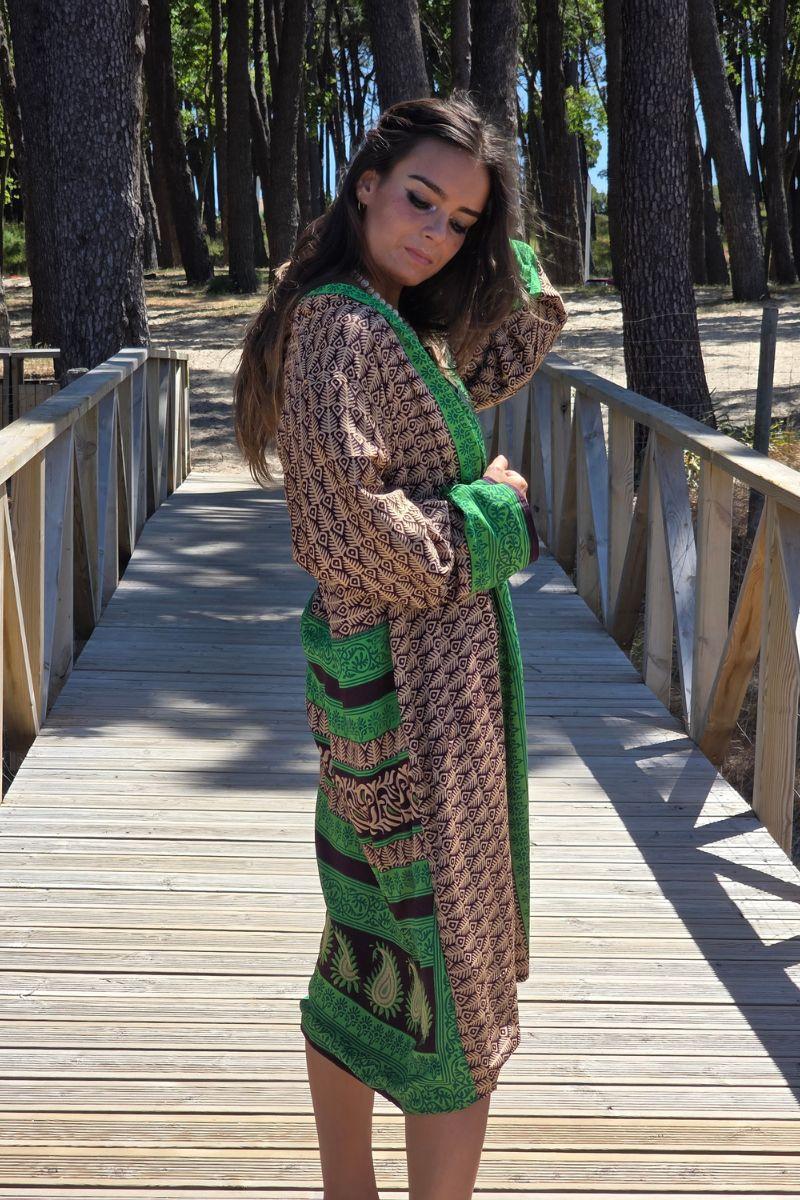 Kimono largo reversible indio estampado vino