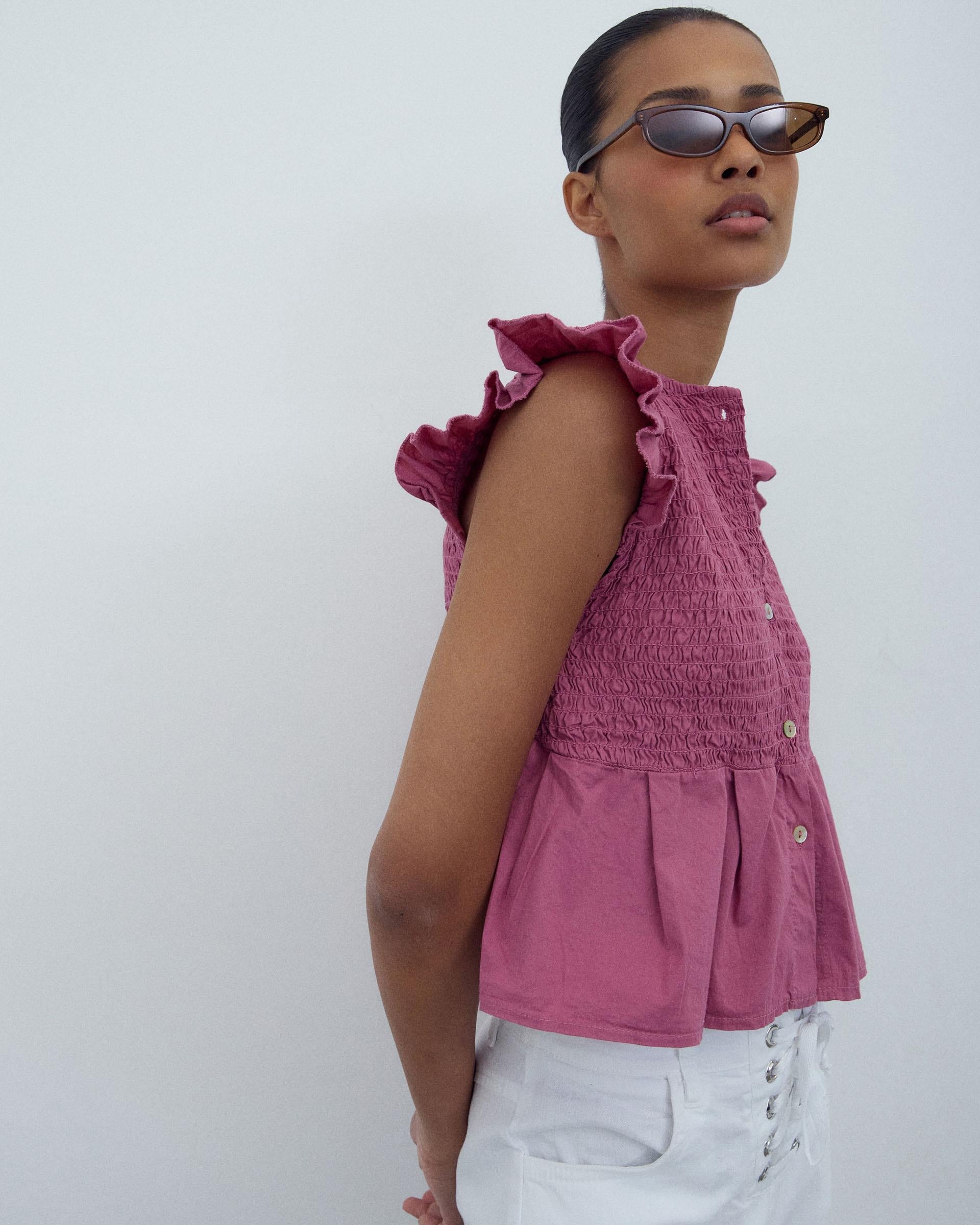 Blusa Nido De Abeja Botones Delantero Rosa
