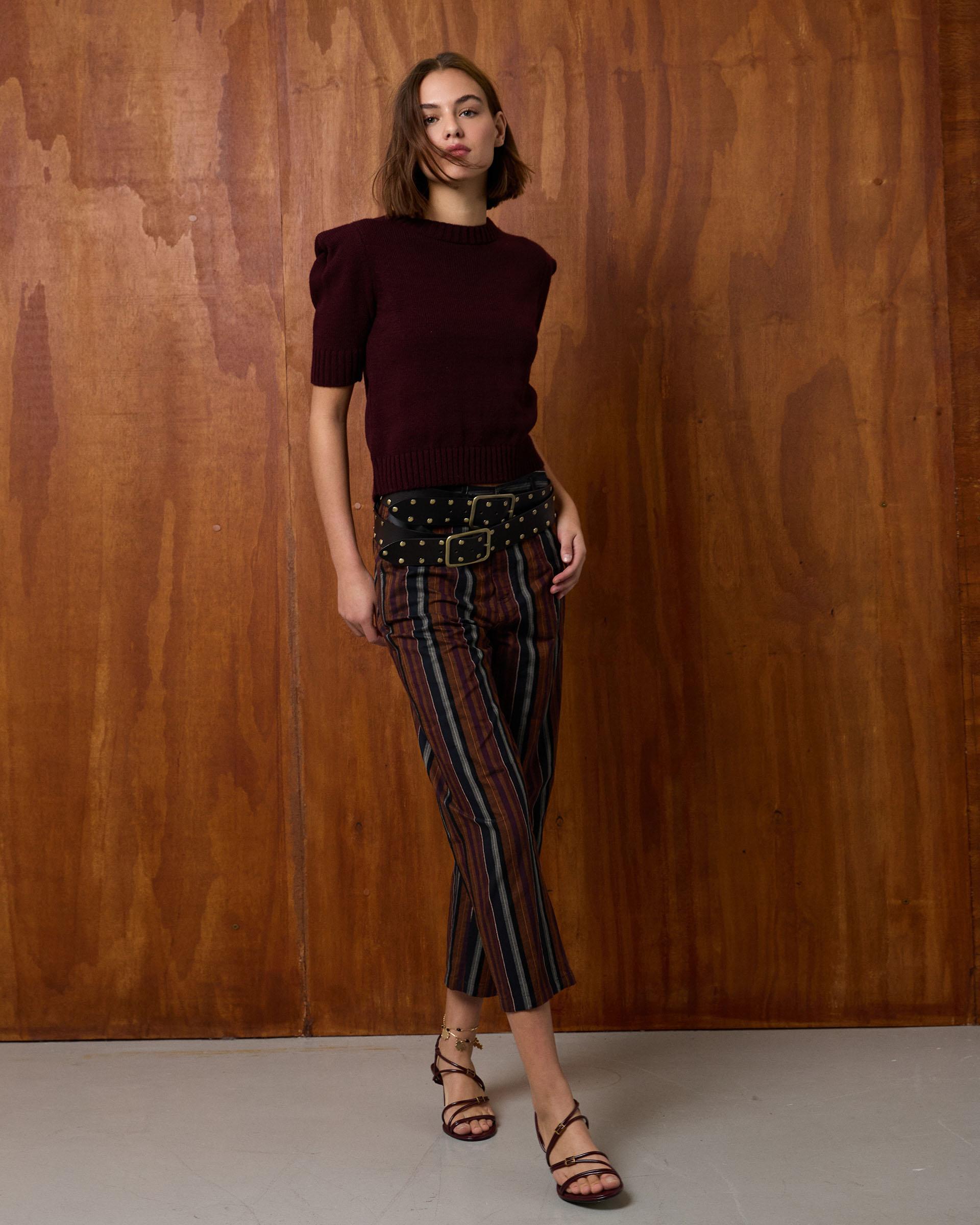 Pantalón Rayas Detalle Terciopelo Teja