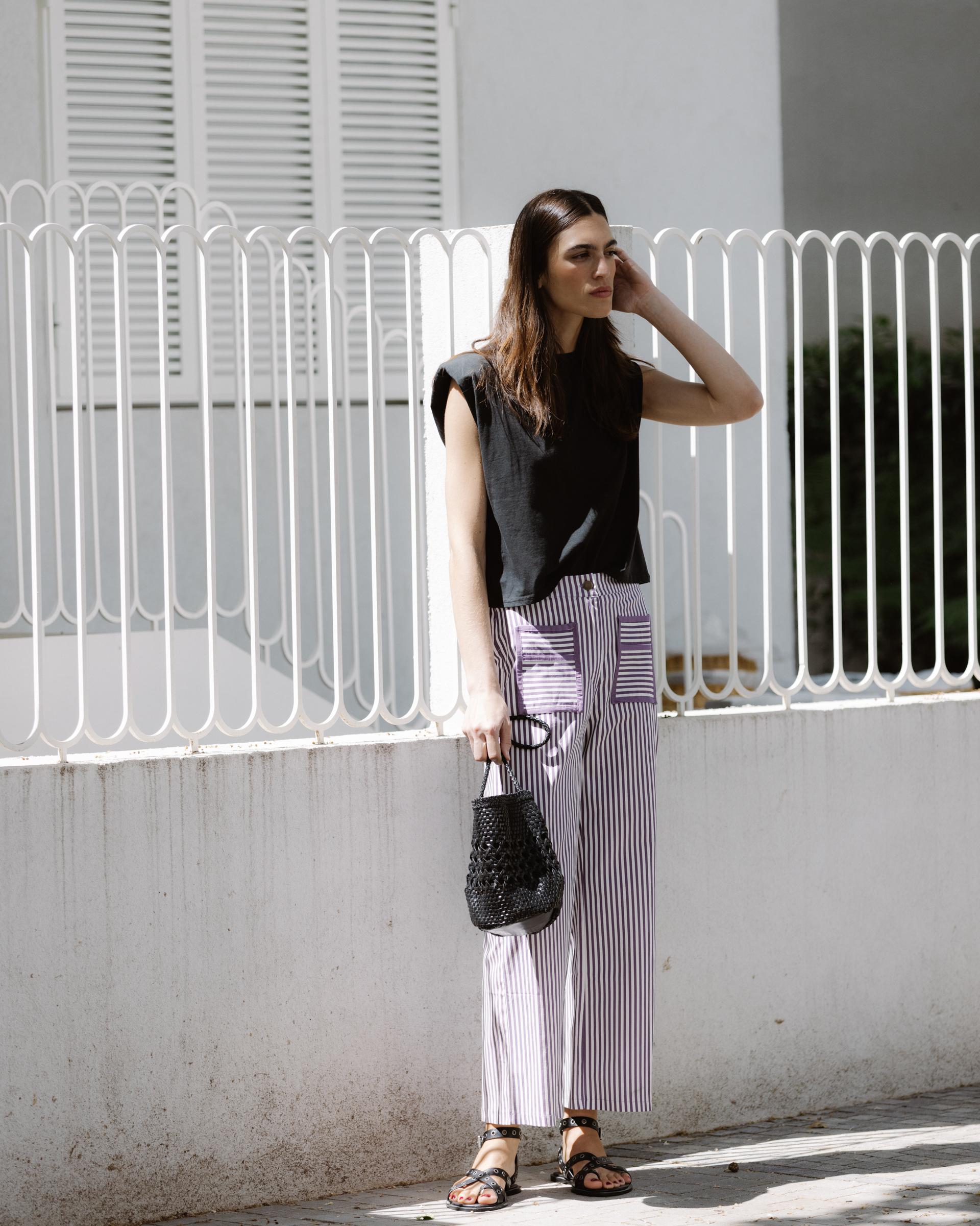 Jeans Rayas Bolsillos Contraste Morado