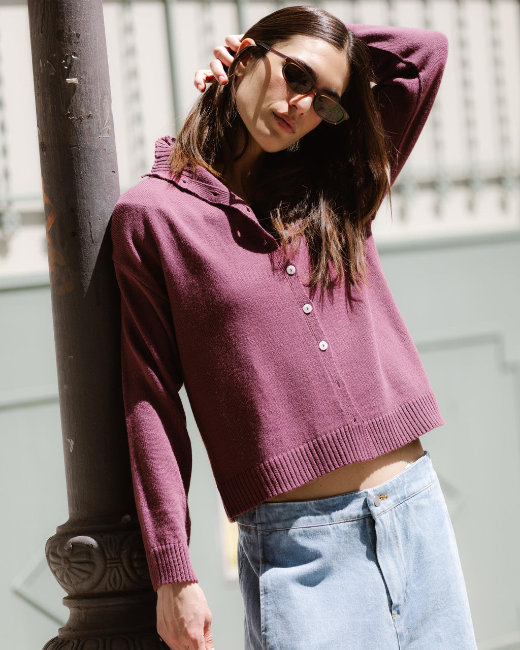 Chaqueta Punto Cuello Subido Morado