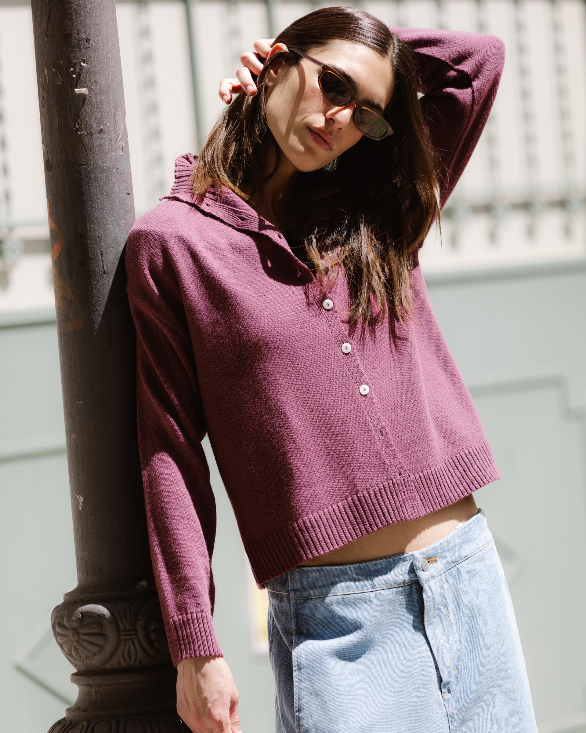 Chaqueta Punto Cuello Subido Morado