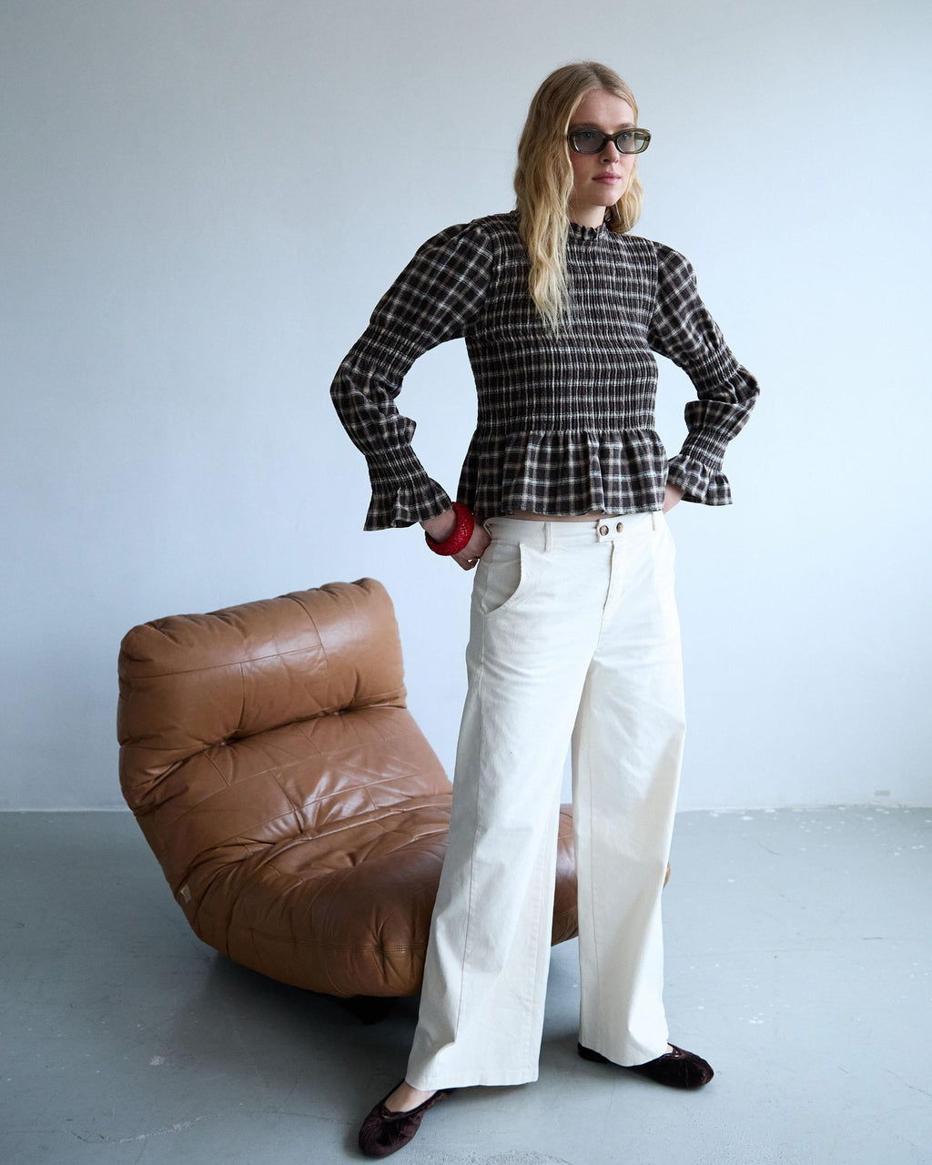 Blusa Nido De Abeja Cuadros Marrón