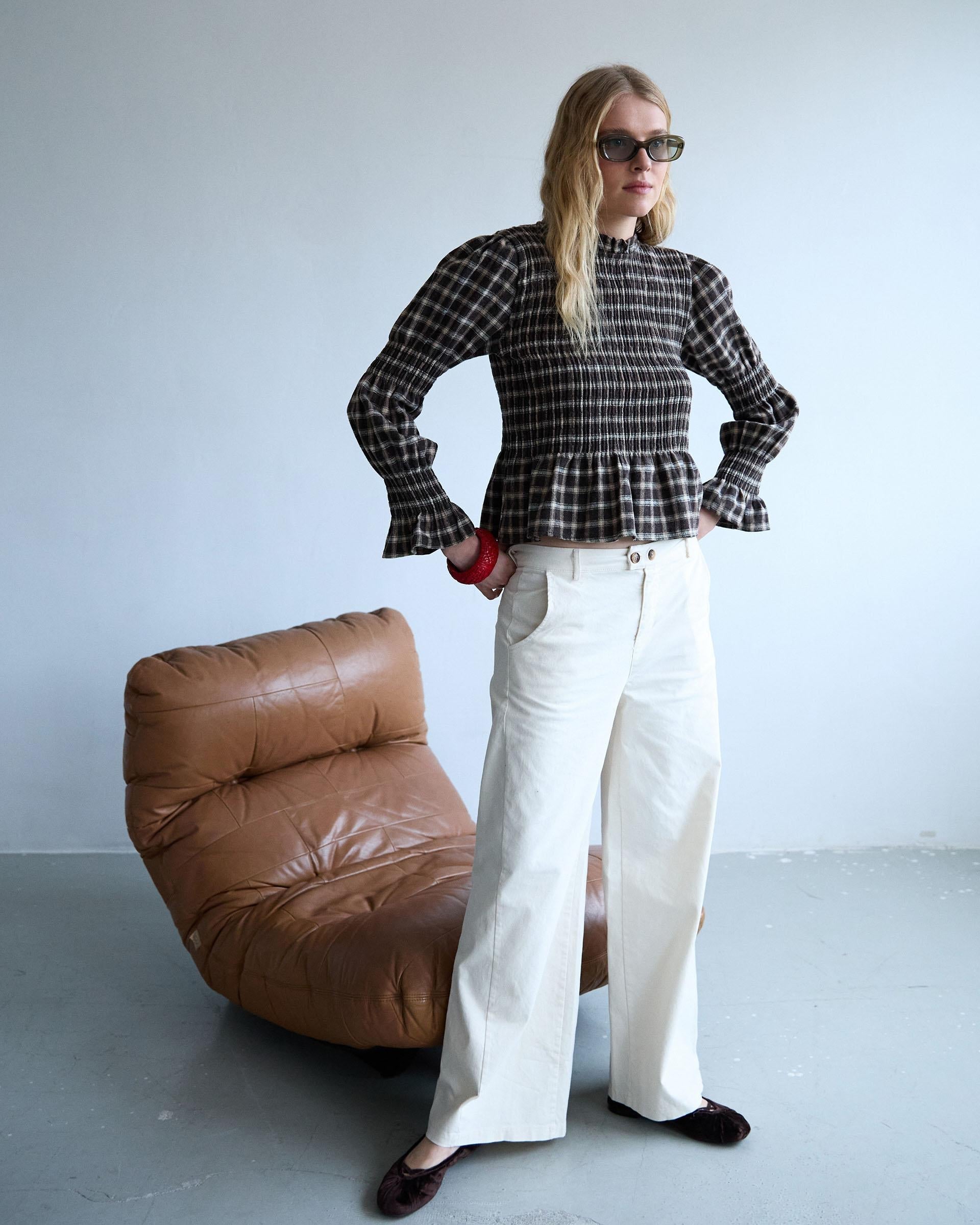 Blusa Nido De Abeja Cuadros Marrón