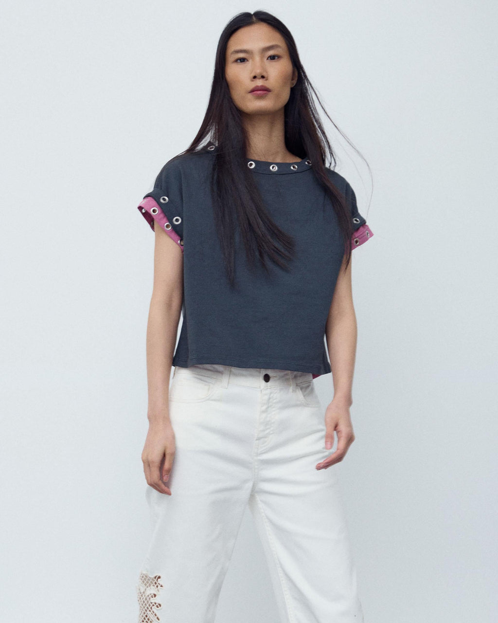 Camiseta Manga Corta Eyelets Antracita