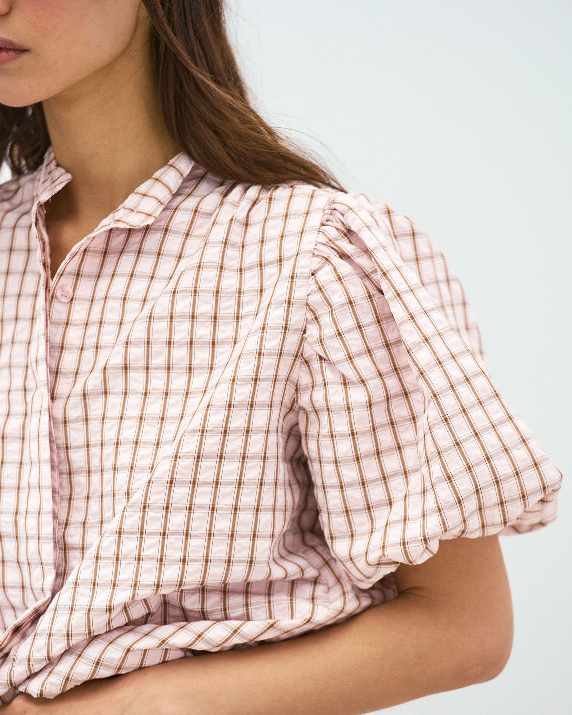Blusa Manga Abullonada Cuadros Rosa