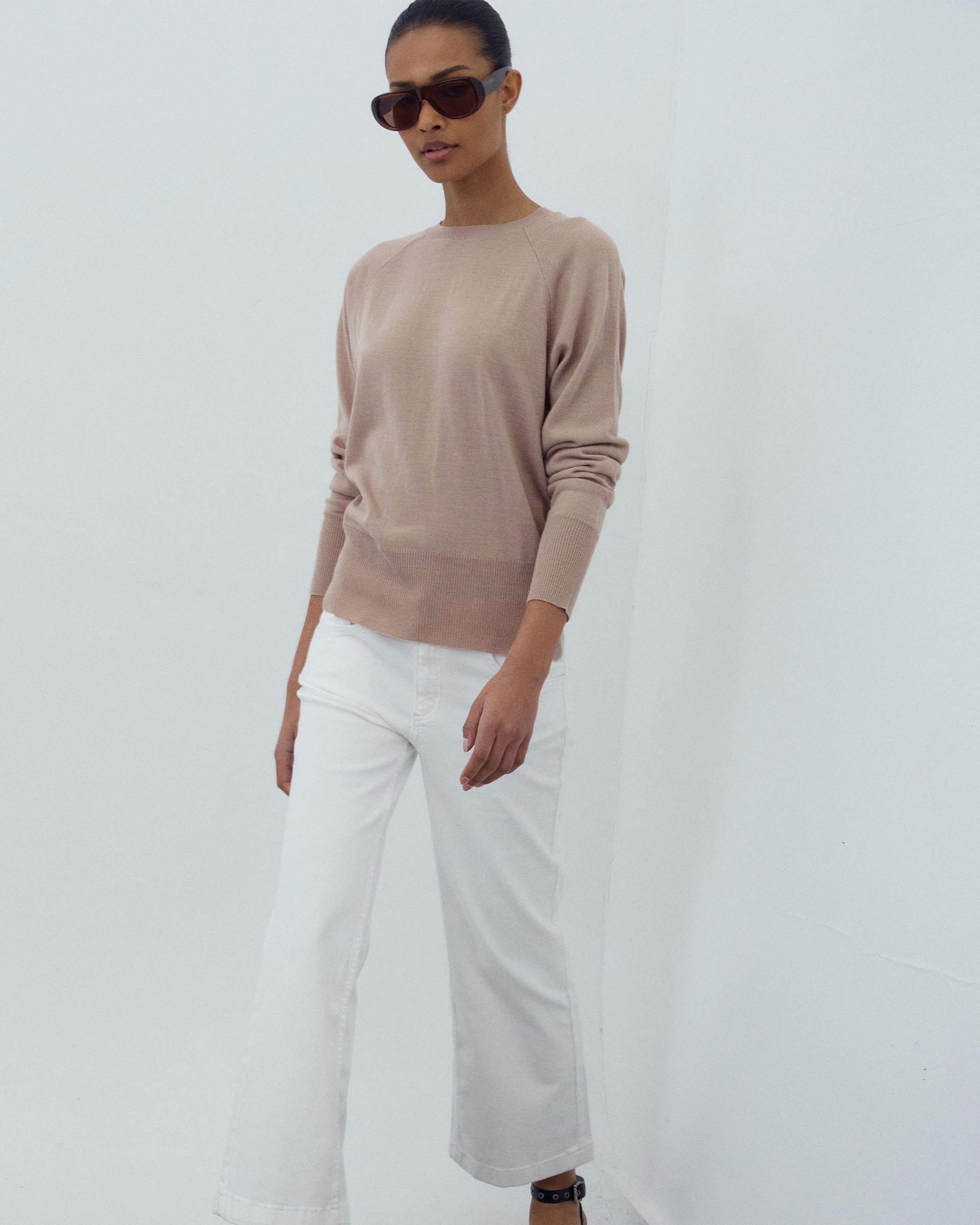 Jersey Cuello Redondo Punto Fino Beige