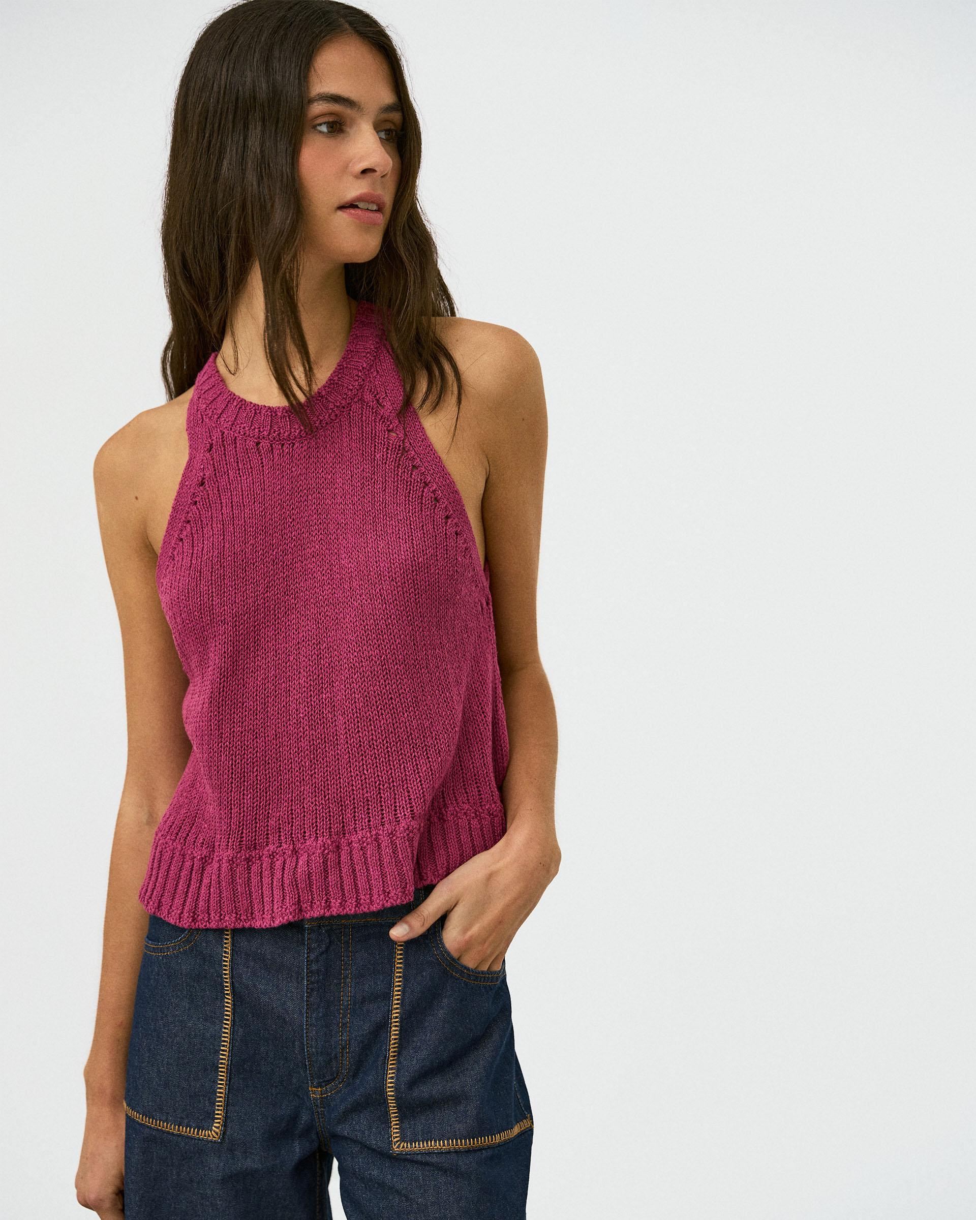 Top Punto Sin Mangas Cuello Redondo Rib Rosa