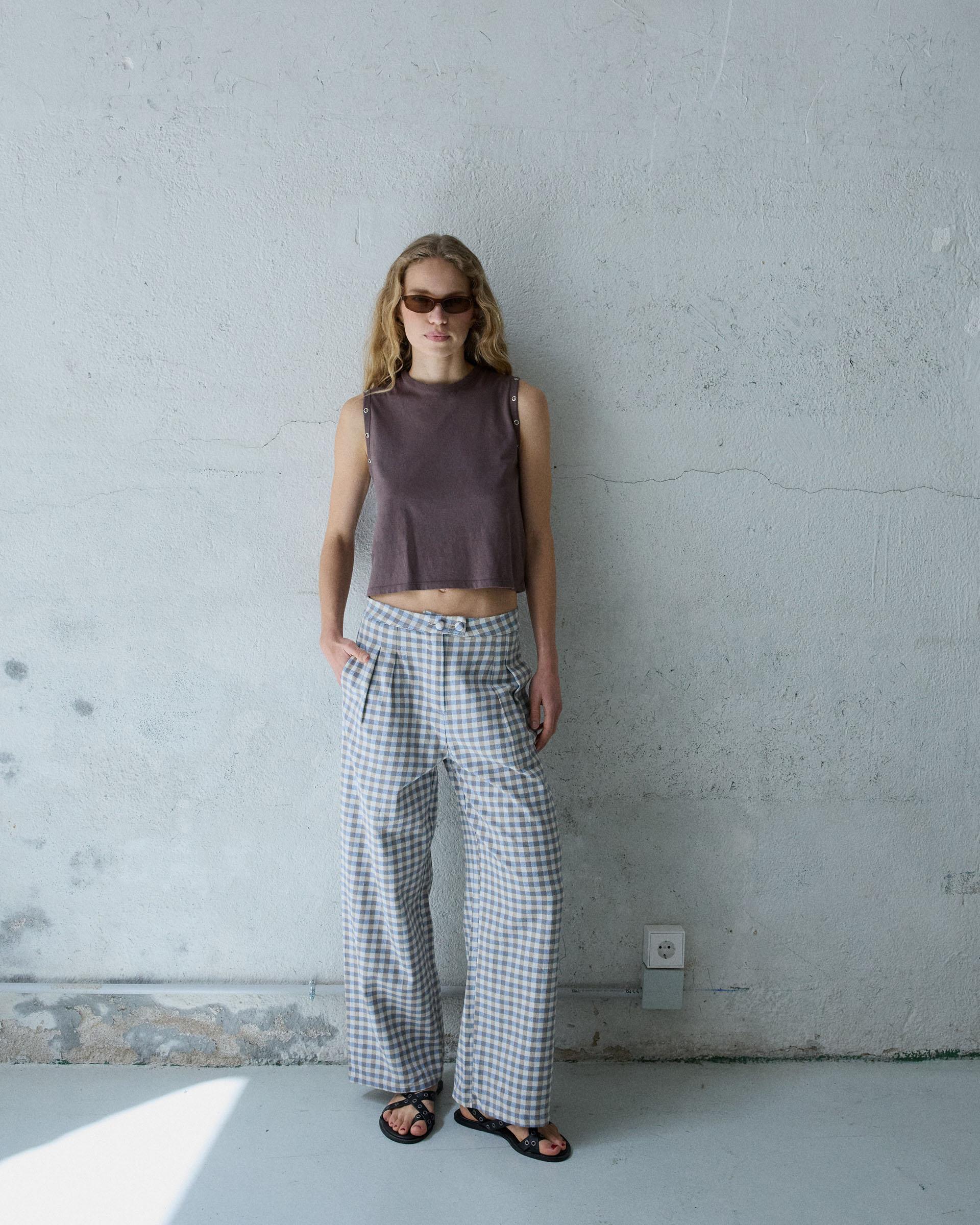 Pantalón Wide Leg Pinzas Cuadros Vichy Azul