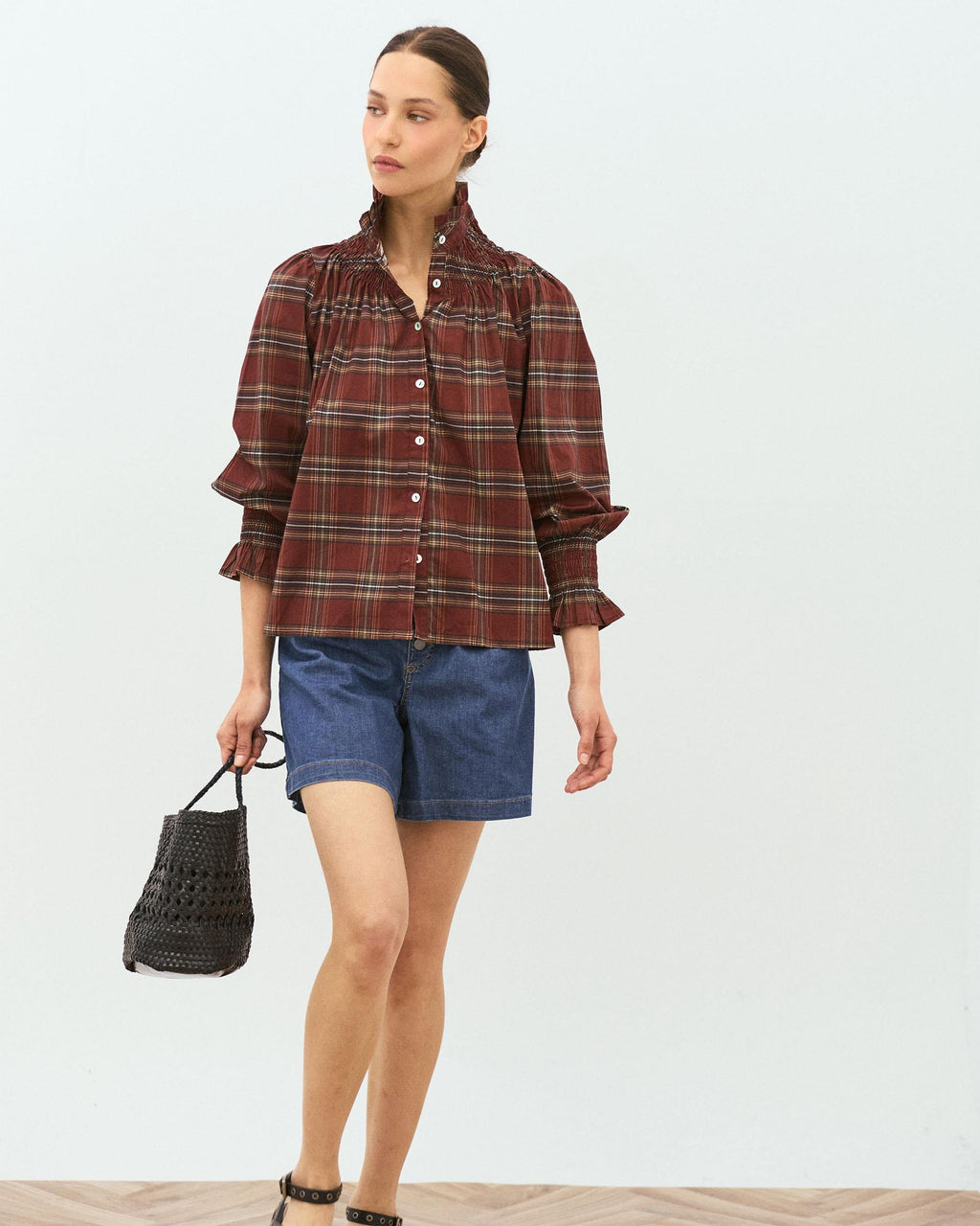 Blusa Nido De Abeja Cuello Cuadros Granate