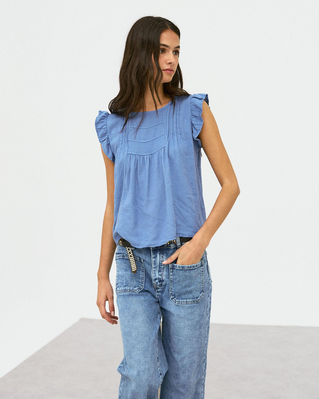 Blusa Volantes Mangas Azul Oscuro