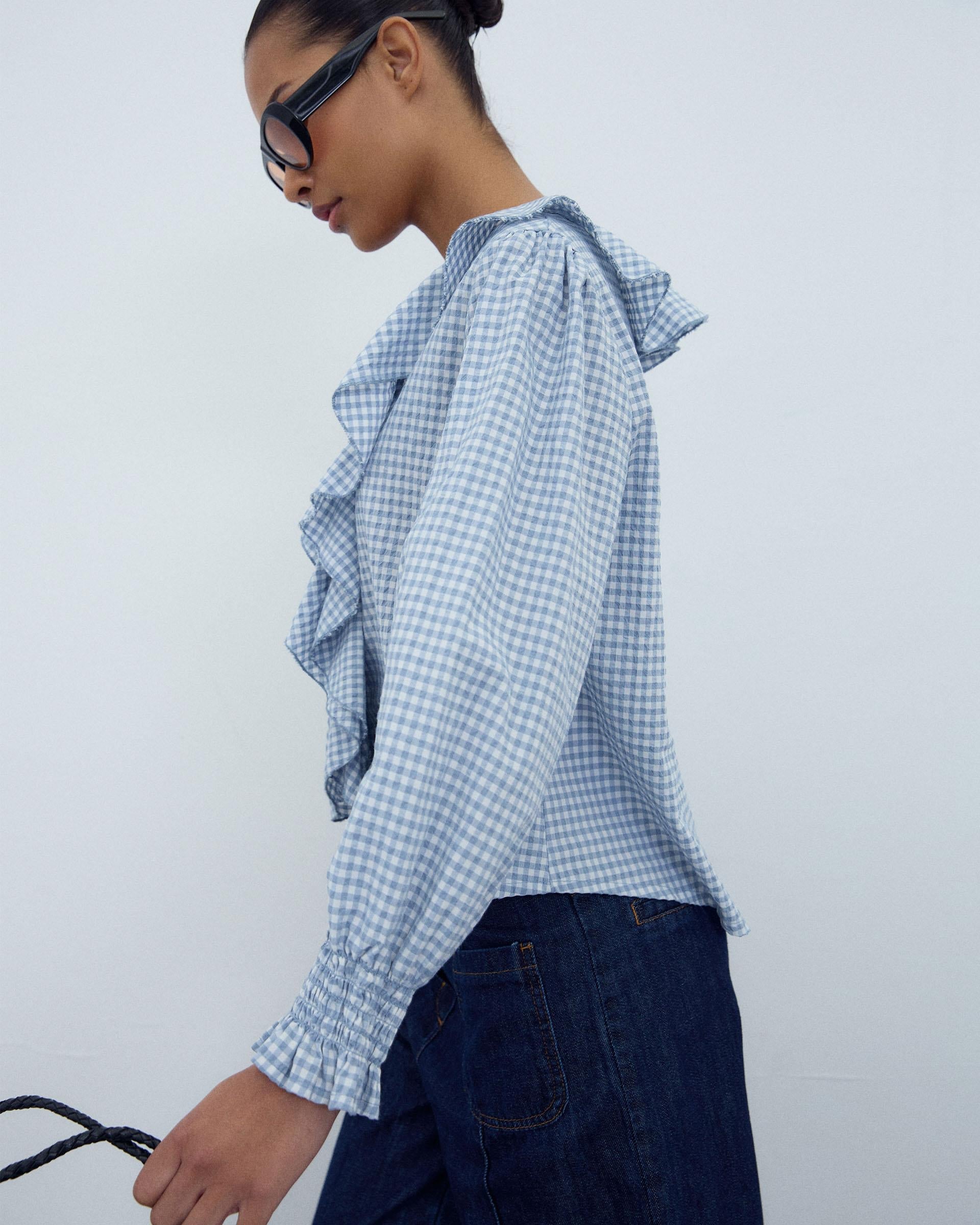 Blusa Volantes Delanteros Vichy Azul