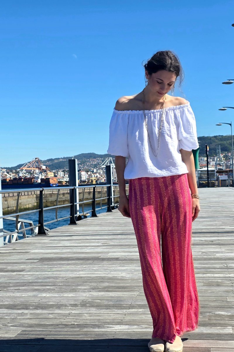 Pantalón Elástico Estampado Hojas Fucsia
