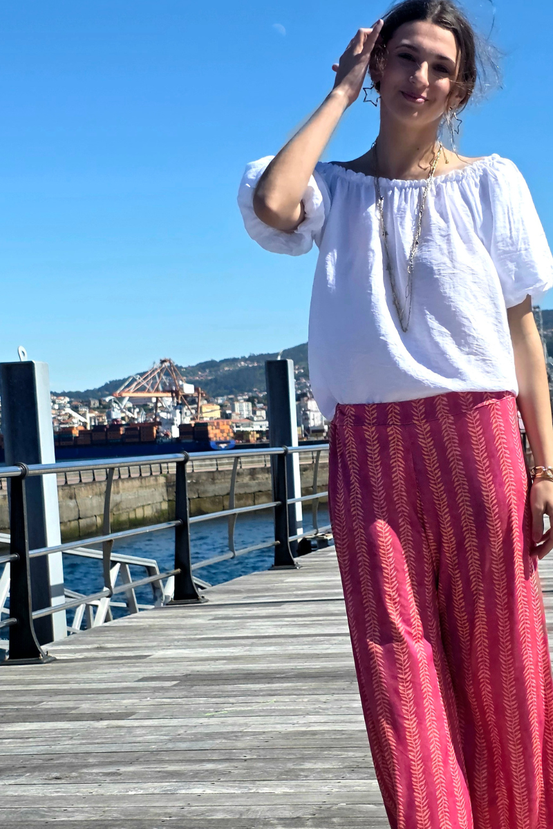 Pantalón Elástico Estampado Hojas Fucsia