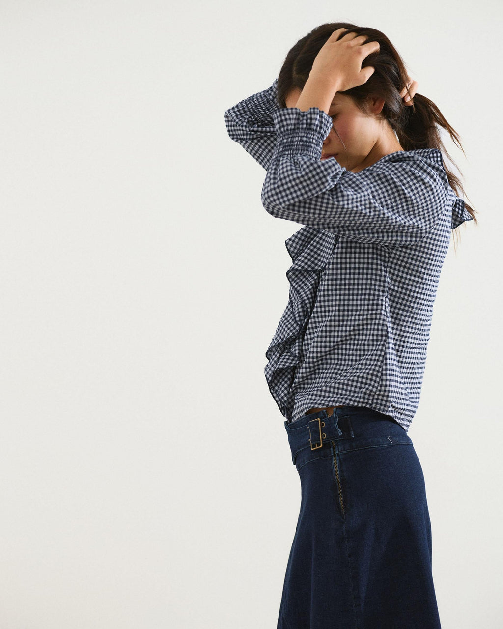 Blusa Volantes Delanteros Vichy Azul Oscuro