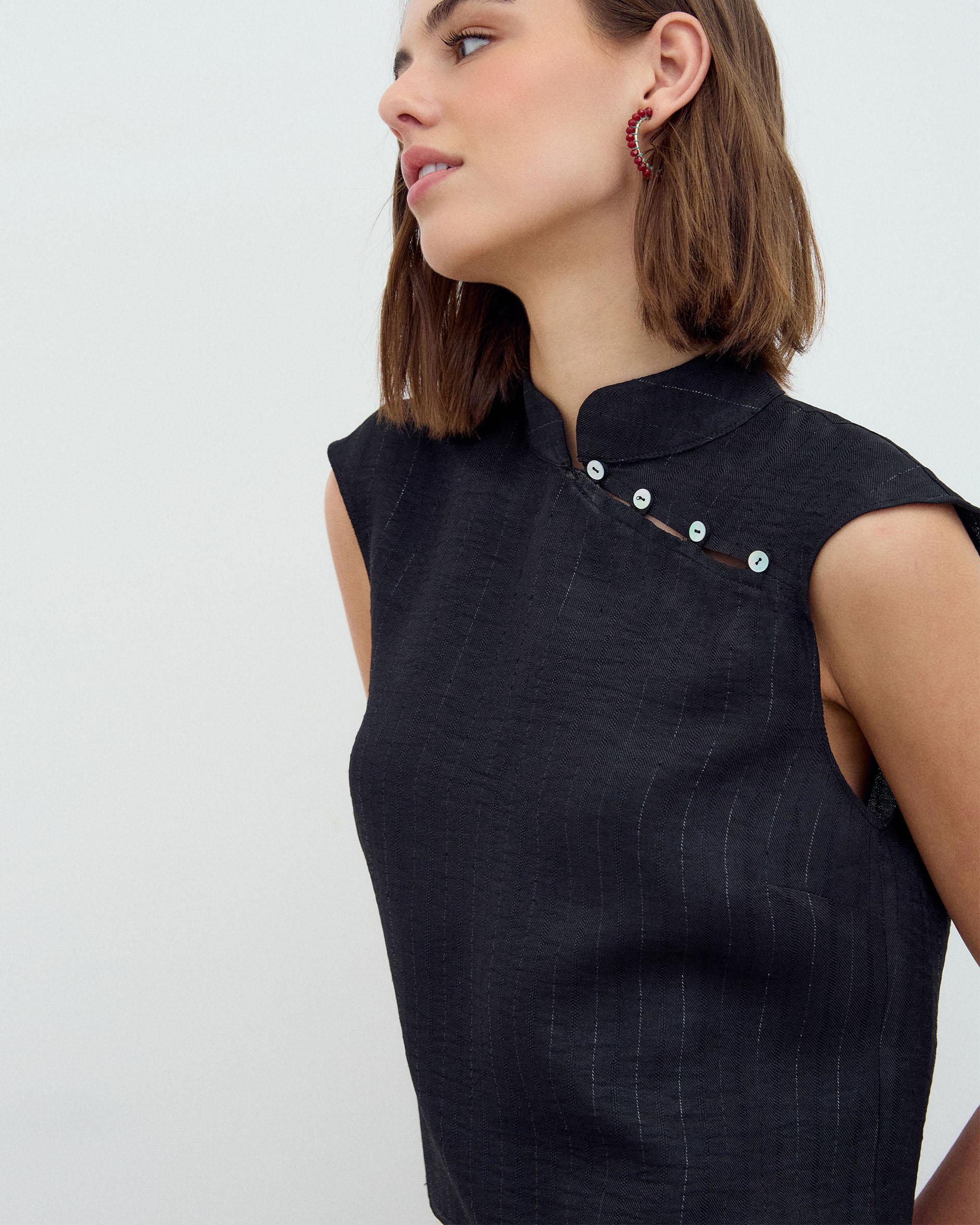 Blusa Sin Mangas Botones Laterales Rayas Lurex Negro