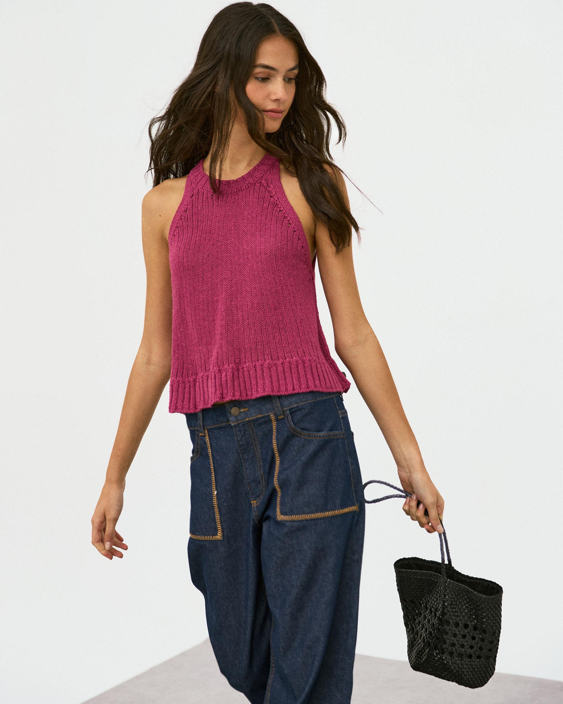 Top Punto Sin Mangas Cuello Redondo Rib Rosa