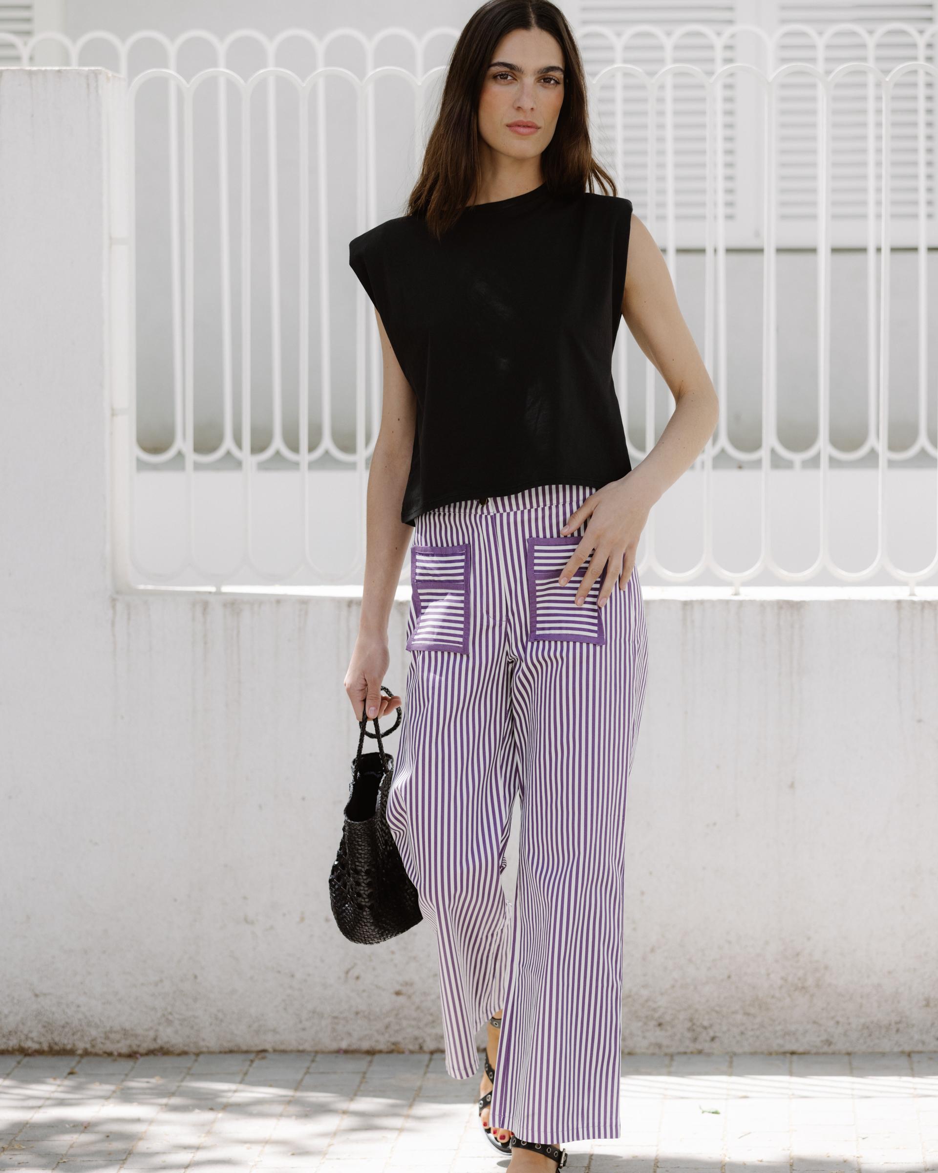 Jeans Rayas Bolsillos Contraste Morado
