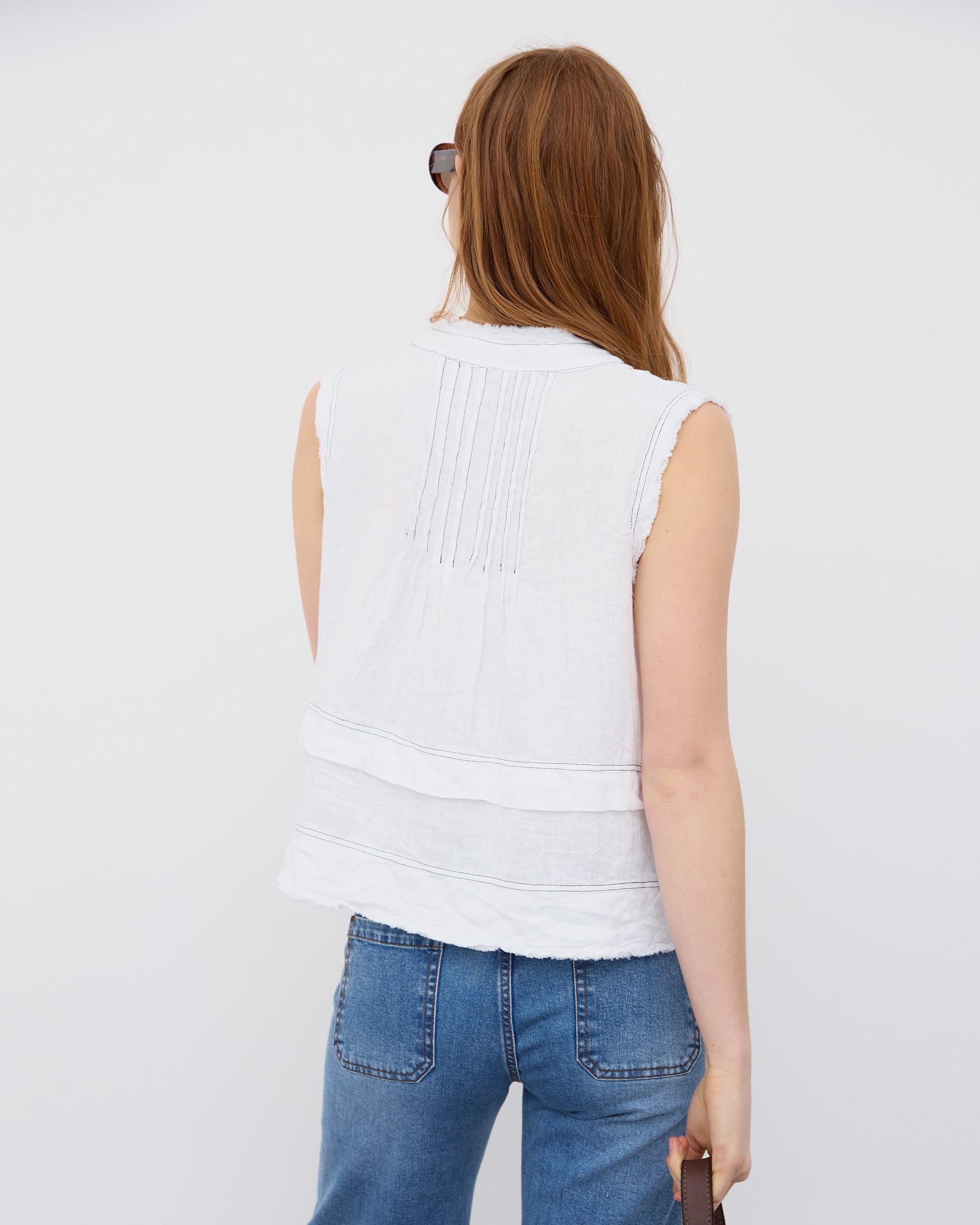 Blusa Lino Costuras Contraste Blanca