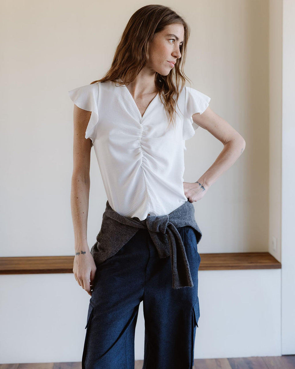 Blusa Manga Corta Frunce Blanca