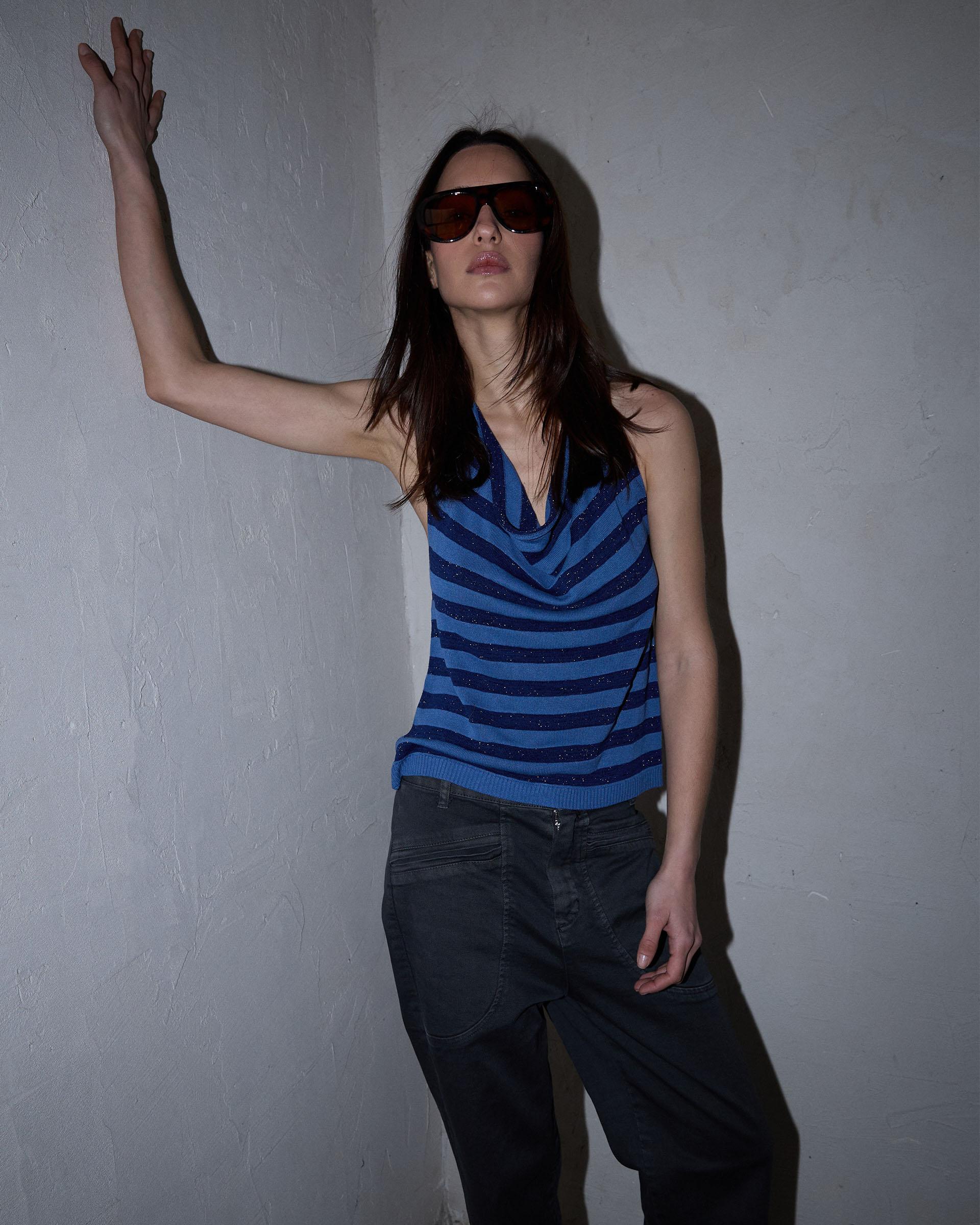 Top Punto Halter Rayas Azul Oscuro