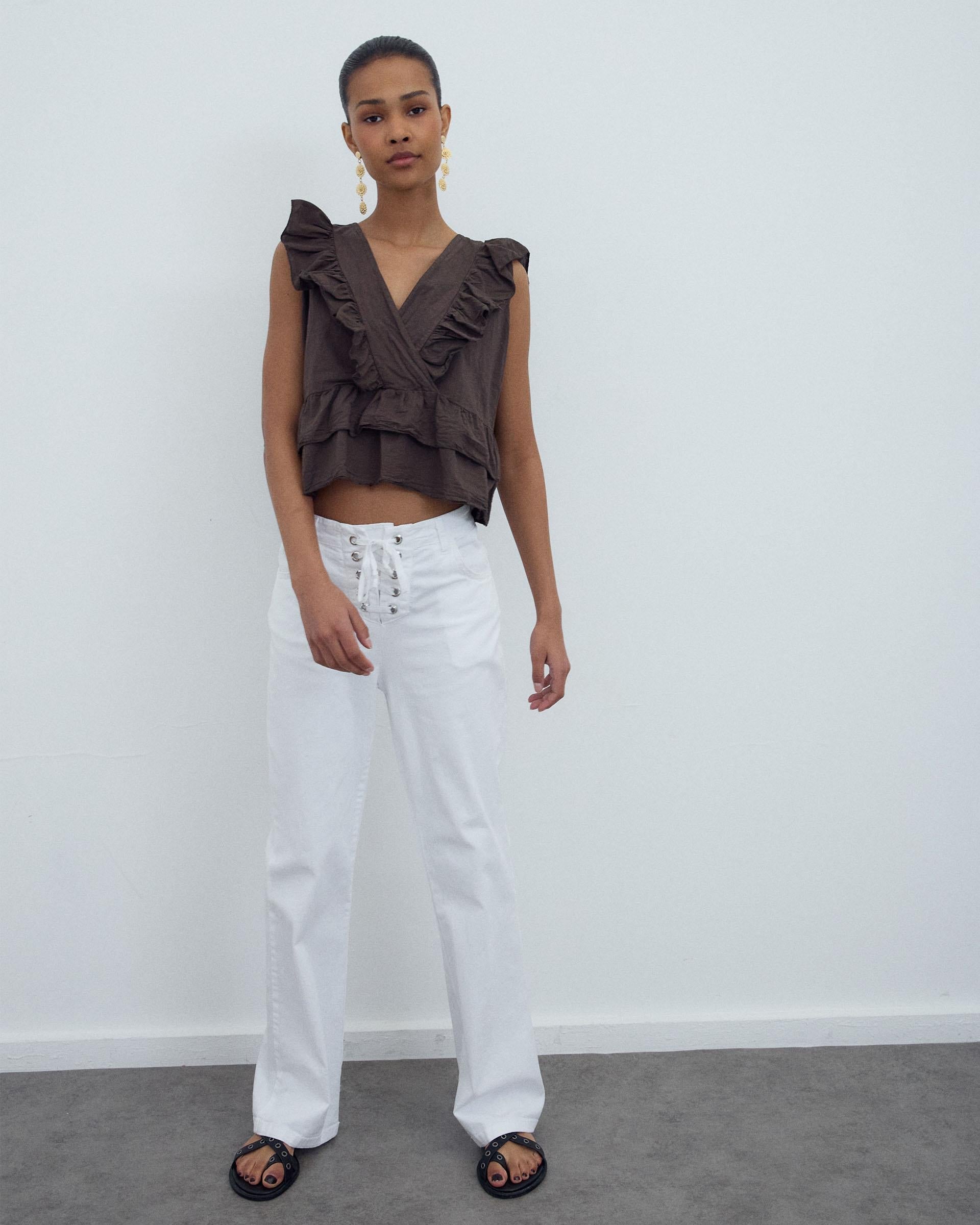 Blusa Cruzada Volantes Marrón
