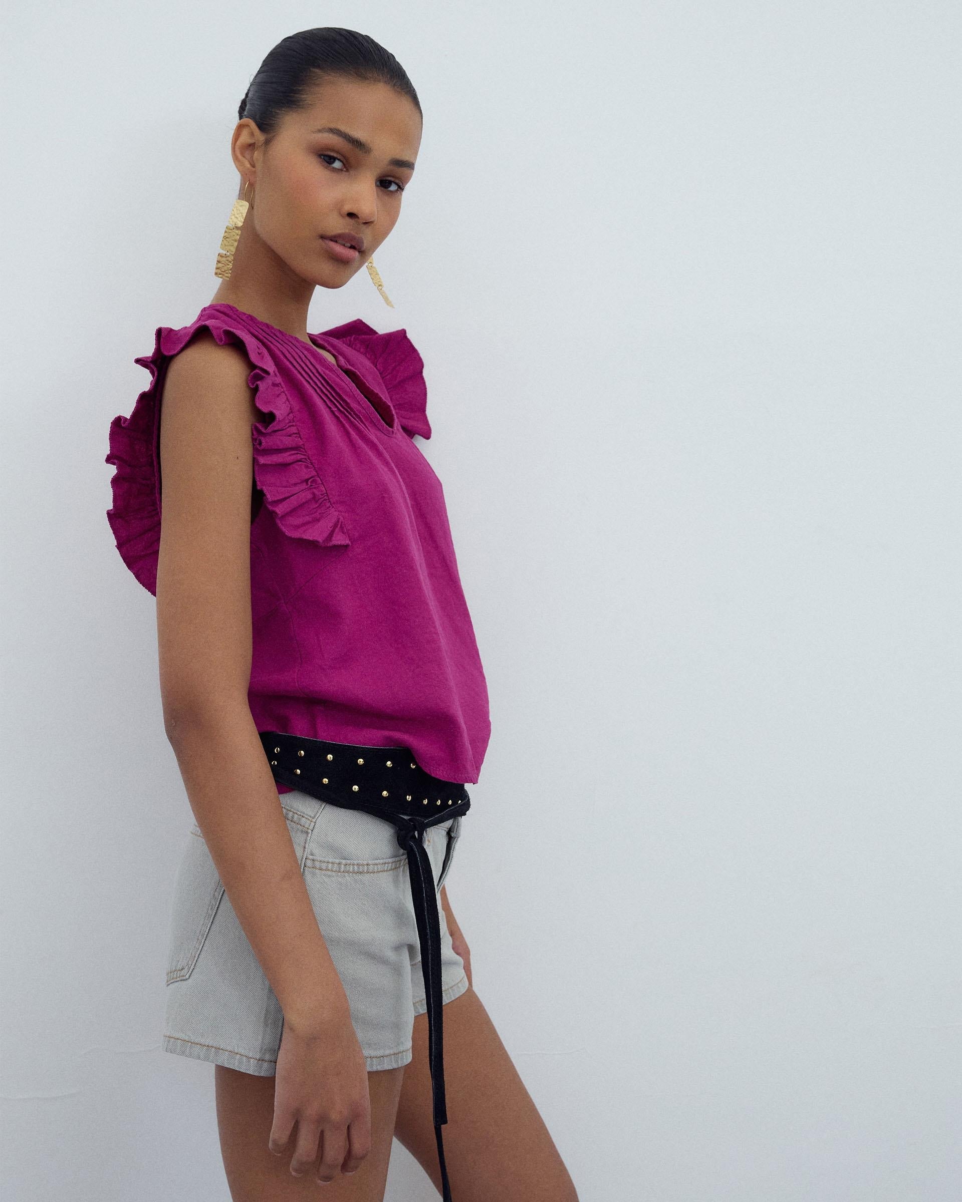 Blusa Sin Mangas Volantes Fucsia